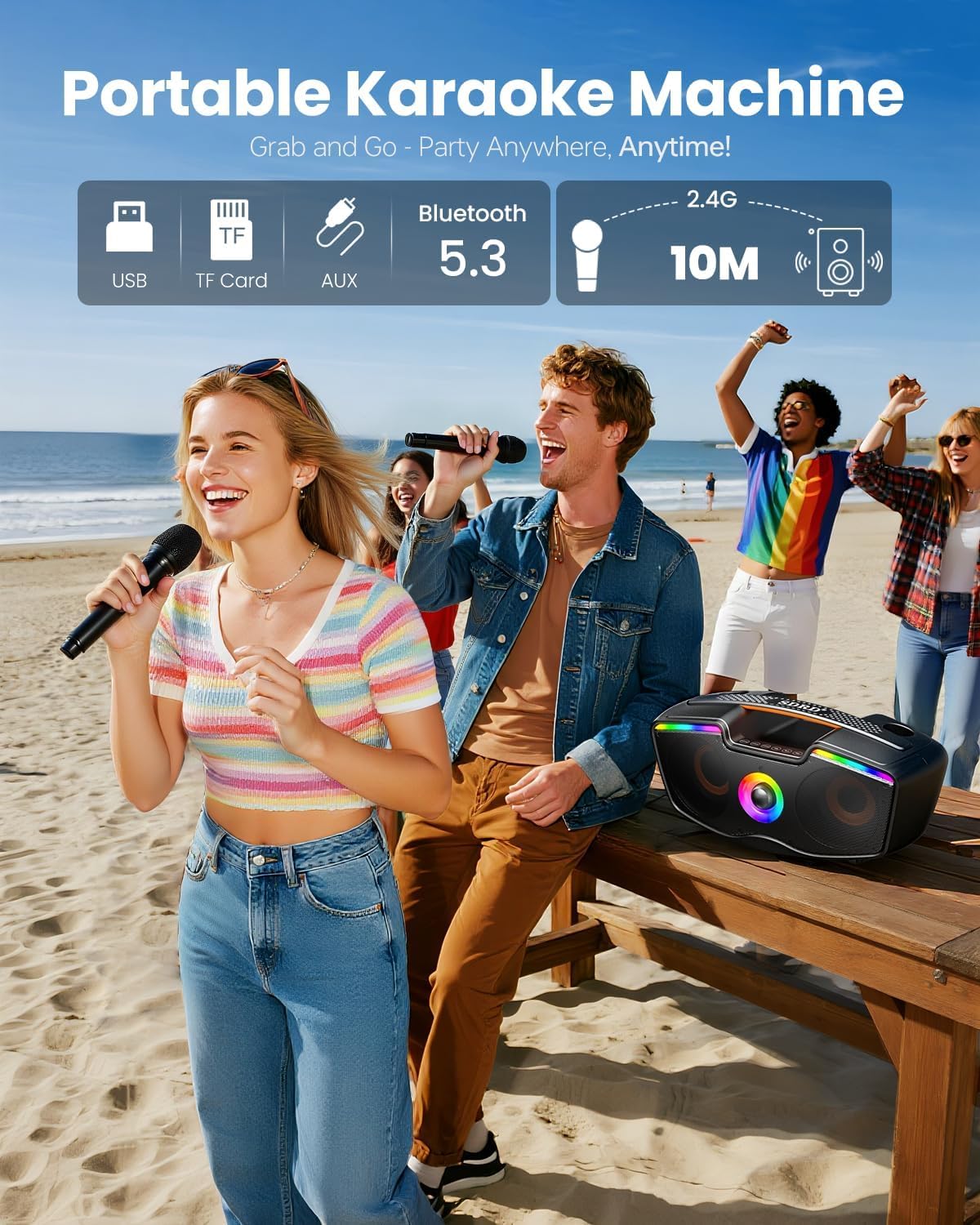 Macchina per Karaoke Bluetooth SORDA per Adulti e Bambini, Altoparlante Portatile da 80 W con 2 Microfoni Wireless, Regolazione Dell'eco, Supporto per Scheda USB/AUX/TF, per Regali di Ritrovo
