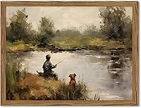 Vintage Boy Fishing with Dog Canvas Wall Art Print - 16x12 Inch Wood Framed Rustic Farmhouse Decor for Bedroom Nursery