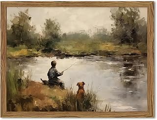 Vintage Boy Fishing with Dog Canvas Wall Art Print - 16x12 Inch Wood Framed Rustic Farmhouse Decor for Bedroom Nursery