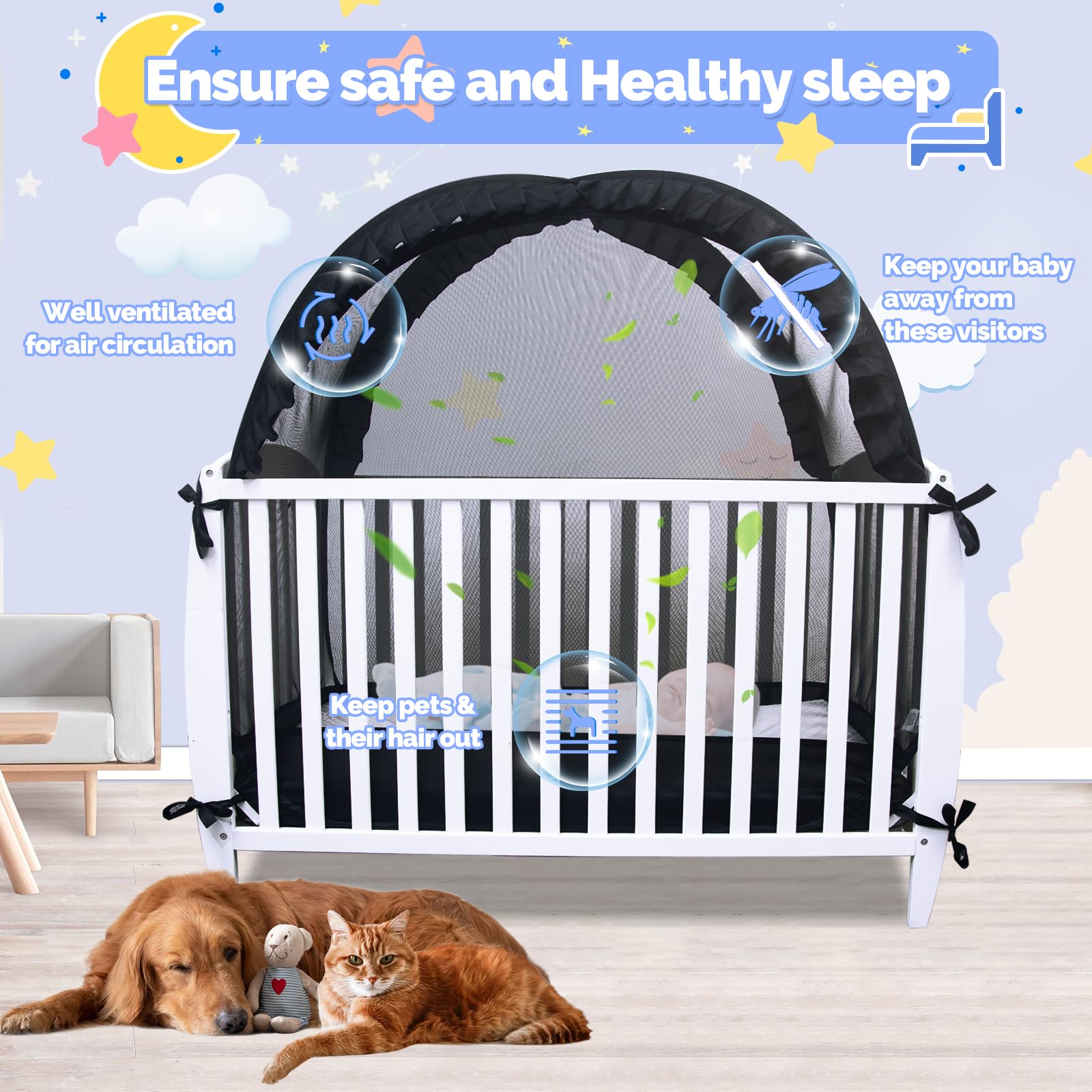 Red de seguridad para cuna de bebé para mantener al bebé dentro, toldo desplegable para cuna evita que el bebé salga, mosquitera para cuna, marco ultra estable, cremallera autoblocante resistente 7