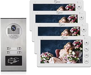 Verdrahtete Video-Sprechanlage für Wohnungen, 4 Einheiten 7-Zoll-Monitor-Video-Türsprechanlage, Indoor Outdoor-Video-Türklingel, ID-Karte entriegeln, 2-Wege-Audio für Haus Wohnung (Vier Bildschirme)