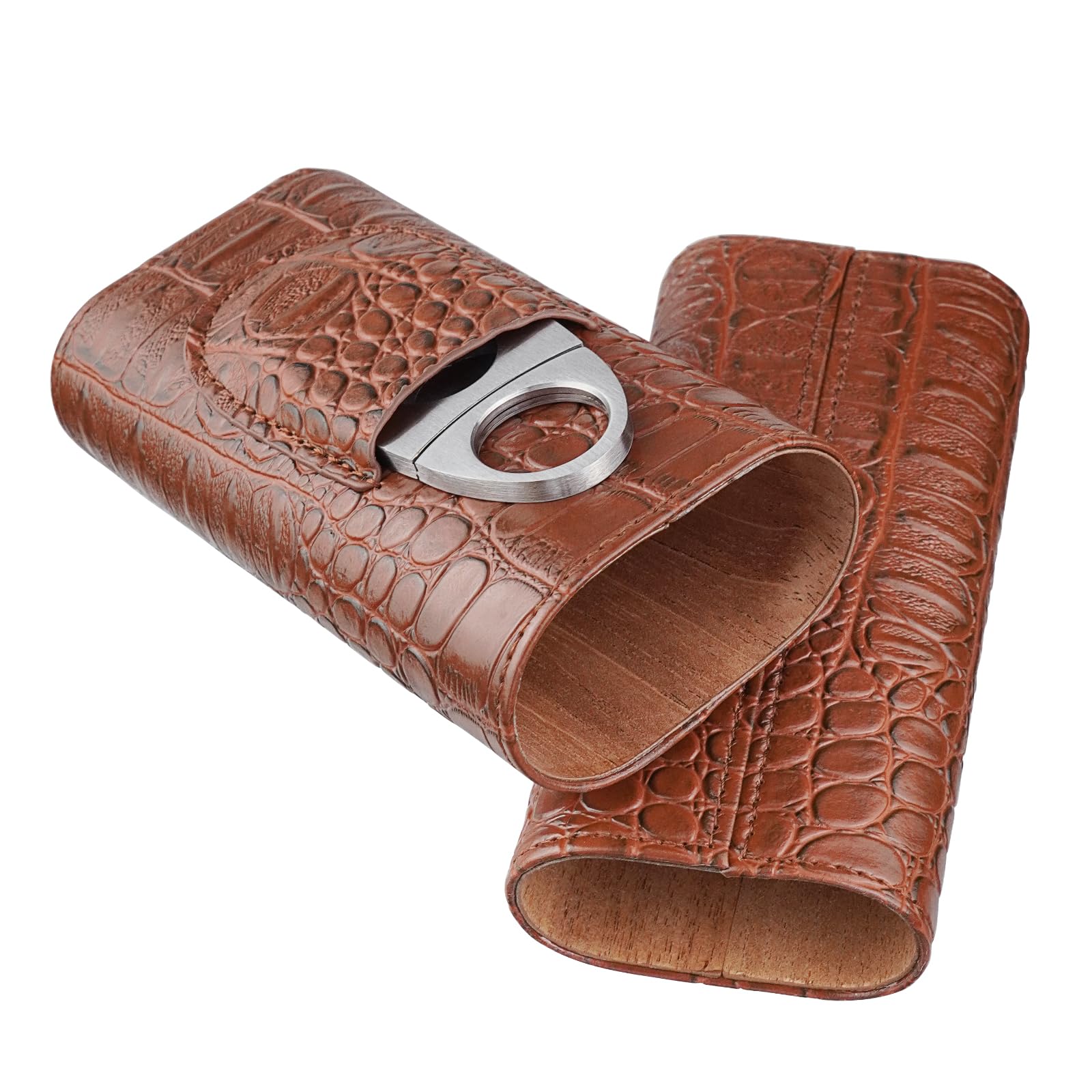 cgaplus 3-Finger Cigar Case with Cutter Crocodile Pattern Leather Cigar Humidor Case Portable Travel Case for Men(Brown) - Image 4