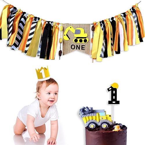 Juego de decoración de primer cumpleaños para bebé, diseño de feliz cumpleaños, decoración de tarta, vehículo de construcción, camión, suministros