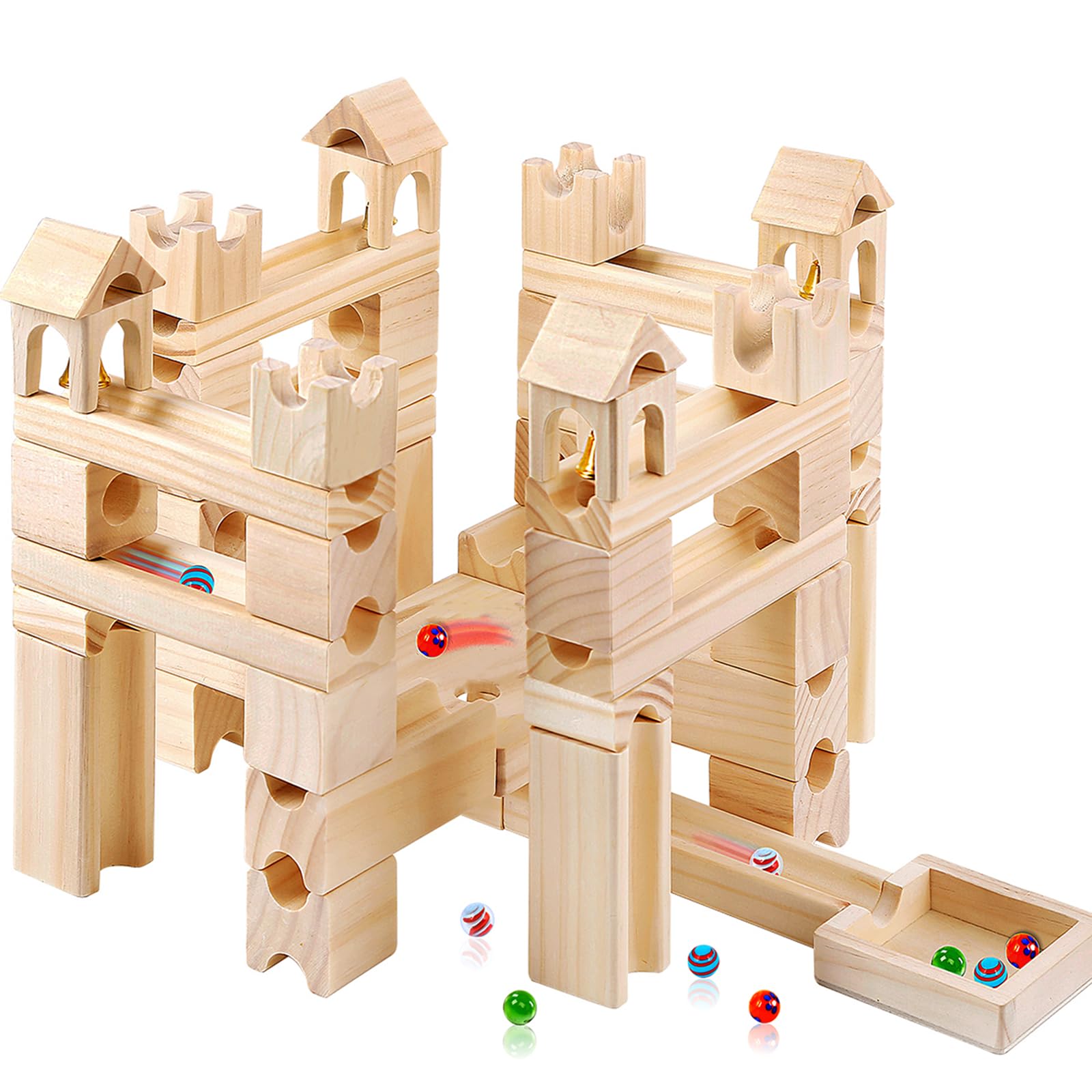 Wooden Marble Run for Kids Ages 4-8 - 80 Pieces Marble Rush Track Maze Construction Toy, STEM Building Blocks, Educational Gift for Boys & Girls
