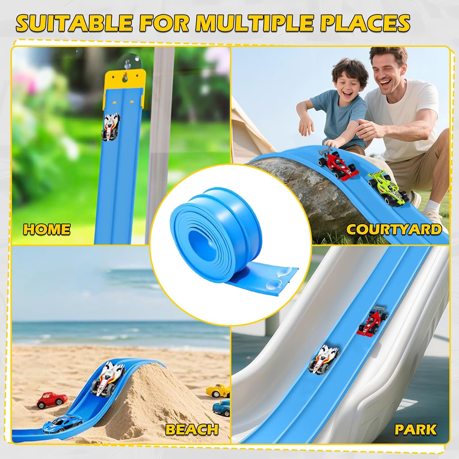Flexible Race Car Track, 16.4ft Car Track for Kids with Suction Cups, Rolls Up Portable Racetrack for Kids 3+ Years Old