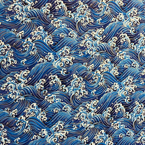 Jukway LfM Tissu en coton au mètre, 145 cm de large, 100 % coton à coudre Fleurs dorées bronzantes, tissu au mètre, motif de courtepointe, décoration DIY (bleu - motif vagues) Cover