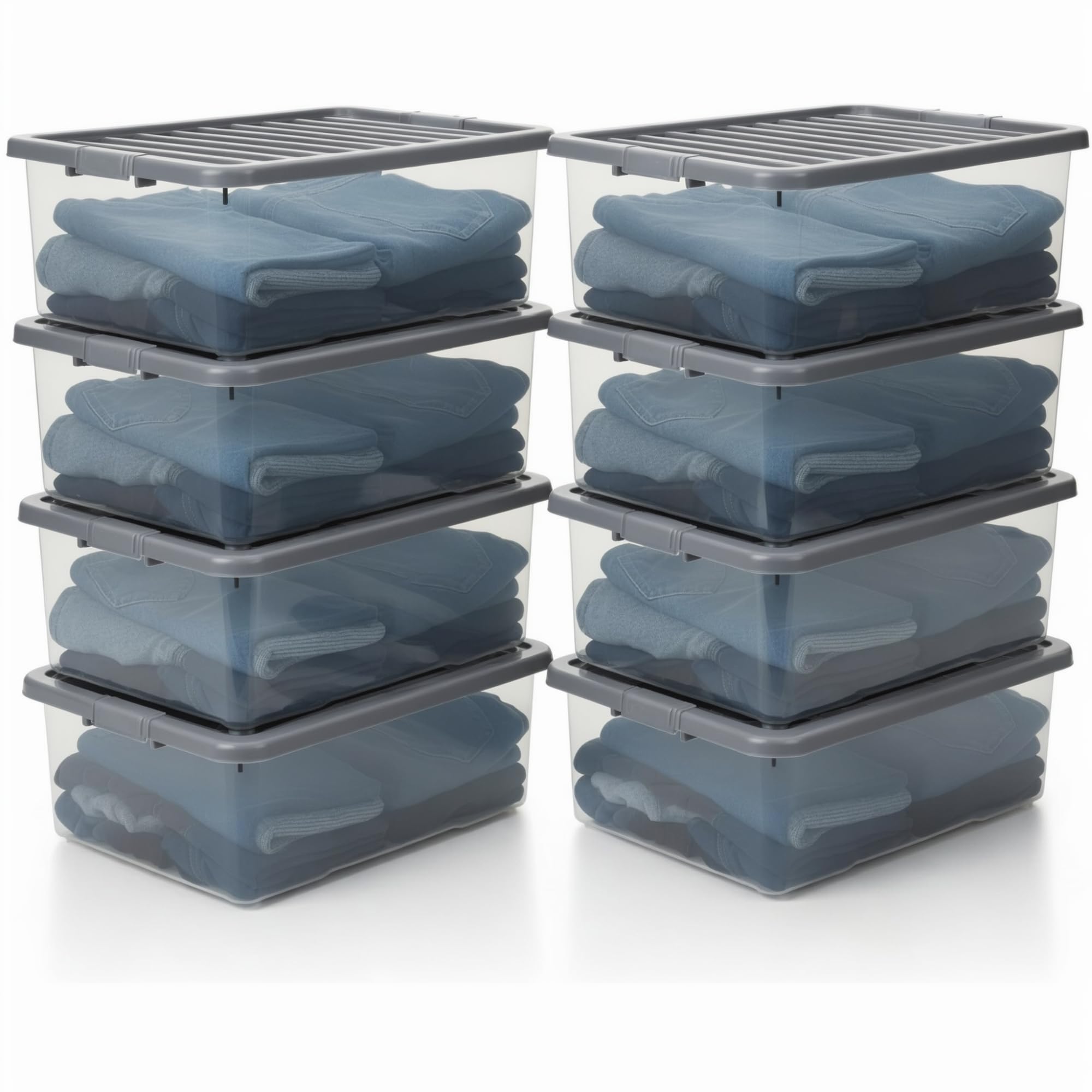 SIDSONS-8x 32L Clear Underbed Storage Box with Grey Clip-On Lid β Slim Plastic Storage Container, Space-Saving Multipurpose Stackable & Nestable Organisers Clothes, Bedding, Toys & Household Items