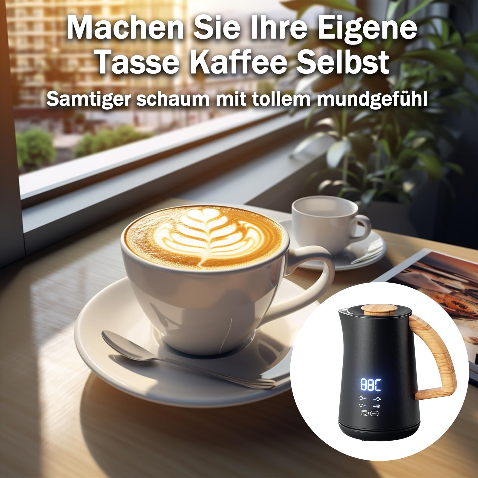 Elektrische melkopschuimer, 300 ml, elektrische melkopschuimer met 2 extra roerders, temperatuurregeling Strix stil, melkschuim warm/koud melkopschuimer, wit