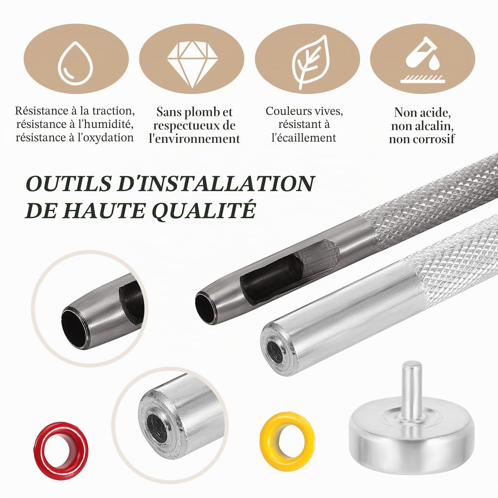 Gueenky Pince à Œillets avec 700 Oeillets Métalliques Ø 5 mm, Pince Perforatrice Oeillet avec 13 Couleurs Œillets pour Bâches Tissus Cuir