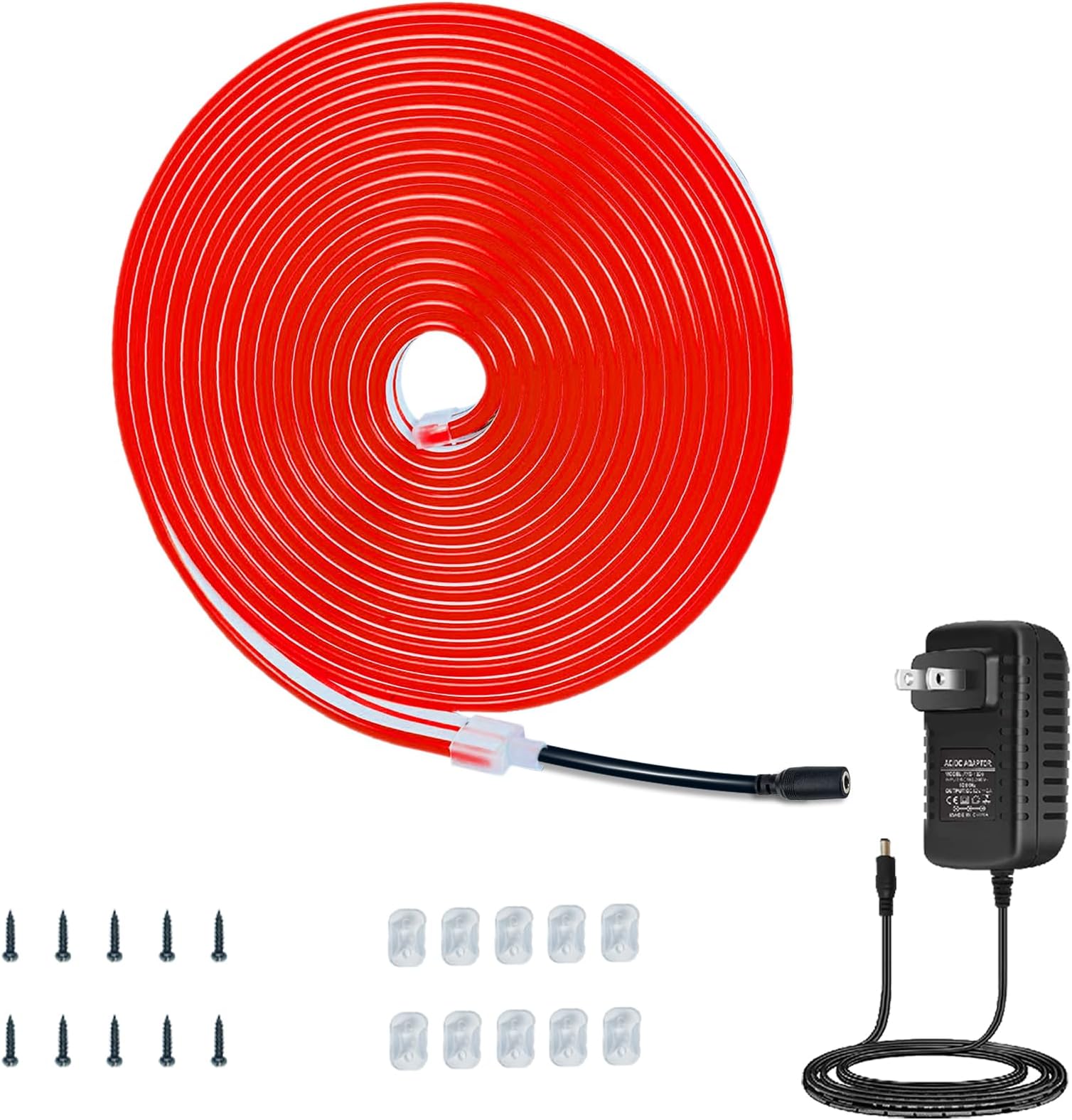 Flexible Neon Rope Strip Night Light,Outdoor Indoor LED Cut Freedom 16.4FT/Set Power Supply/Clip Included (Red)