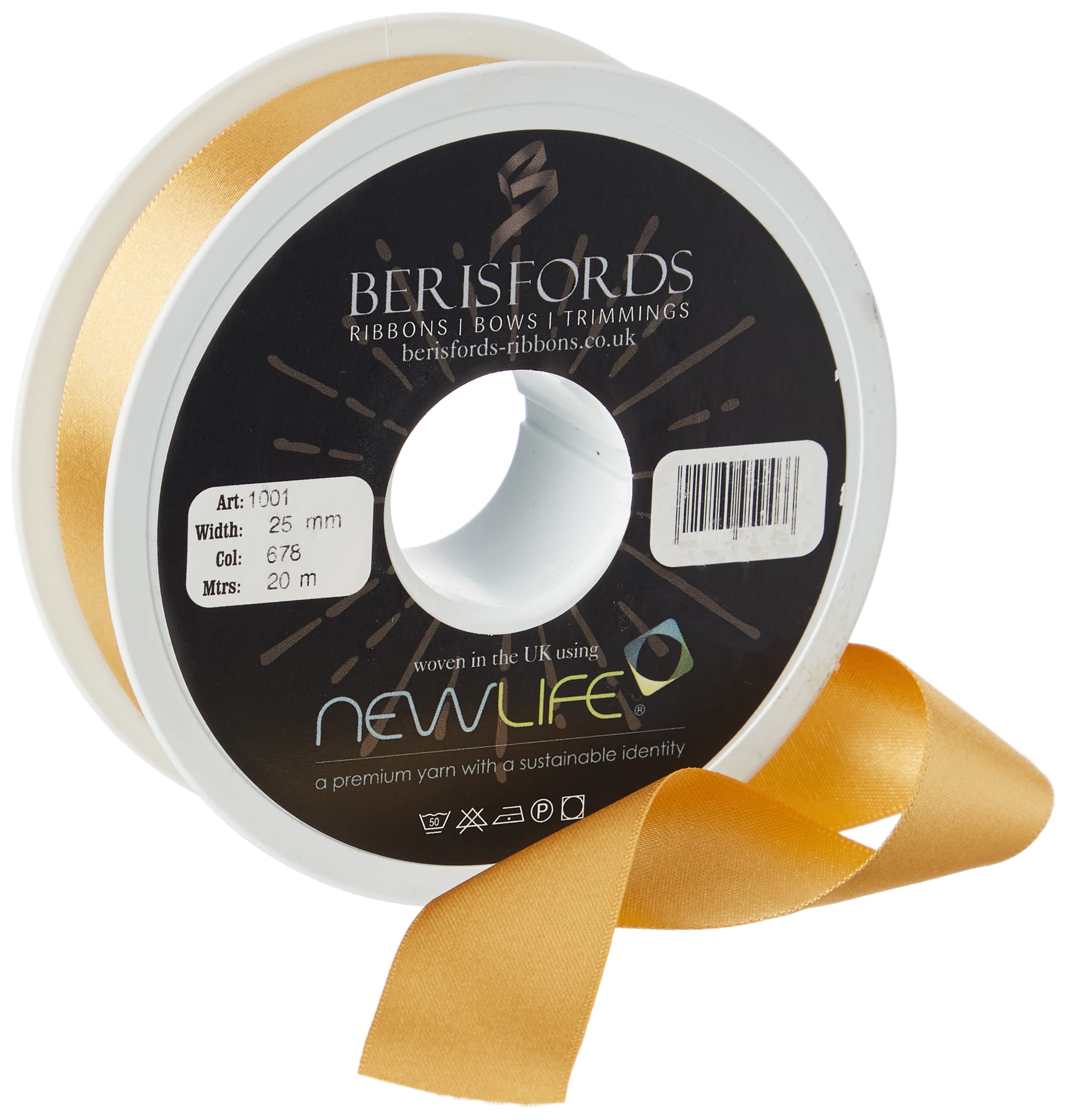 Berisfords Honey Gold Bf_1001-25-678 25Mm 678 Newlife Satin Ribbon 100% Recycled 20M Reel