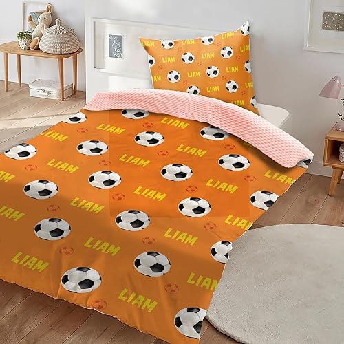 Miniatura 3 de Manta de fútbol personalizada, nombre personalizado con patrones de fútbol, manta de franela de felpa suave con respaldo punteado de doble capa para