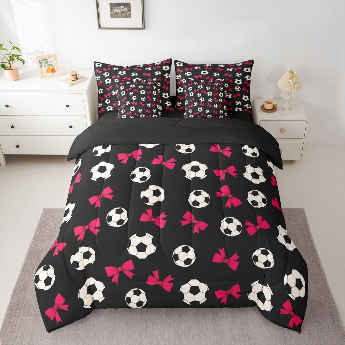 Soccer Sport 7pcs Comforter Set King Size,Light Pink Bowknot Football Bedding Set for All Season,Watercolor Bed in A Bag with Comforter,Sheets and Pillowcases,Trendy Kids Boys Girls Room Decor