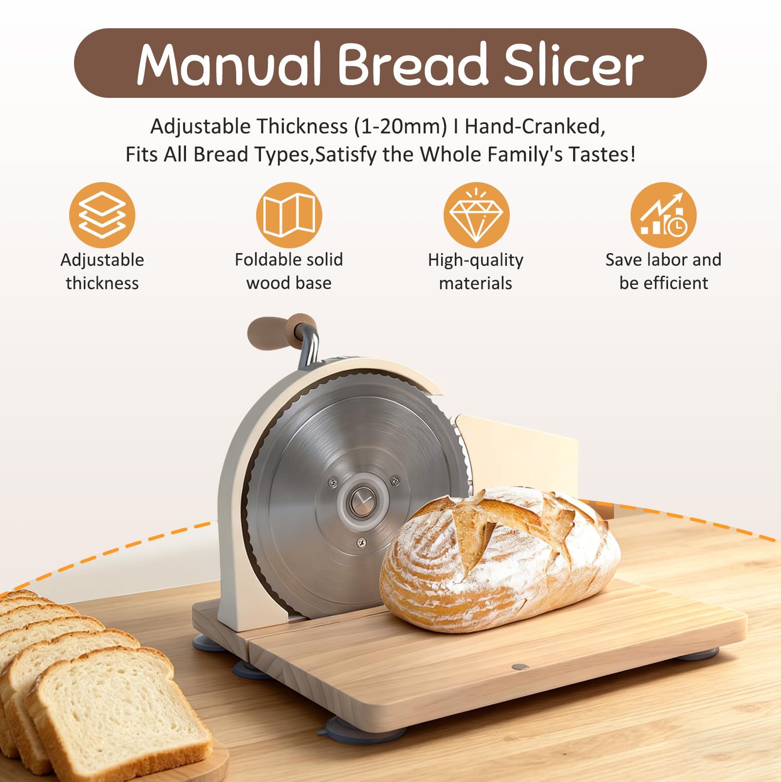 Manuelle Brotschneidemaschine, Allesschneider mit Saugnäpfen, Scheibendicke stufenlos wählbar 1-20mm, Handkurbel hochwertiger Klingenstahl, Einstellbare Schnittstärke und klappbarer Sockel (Beige)