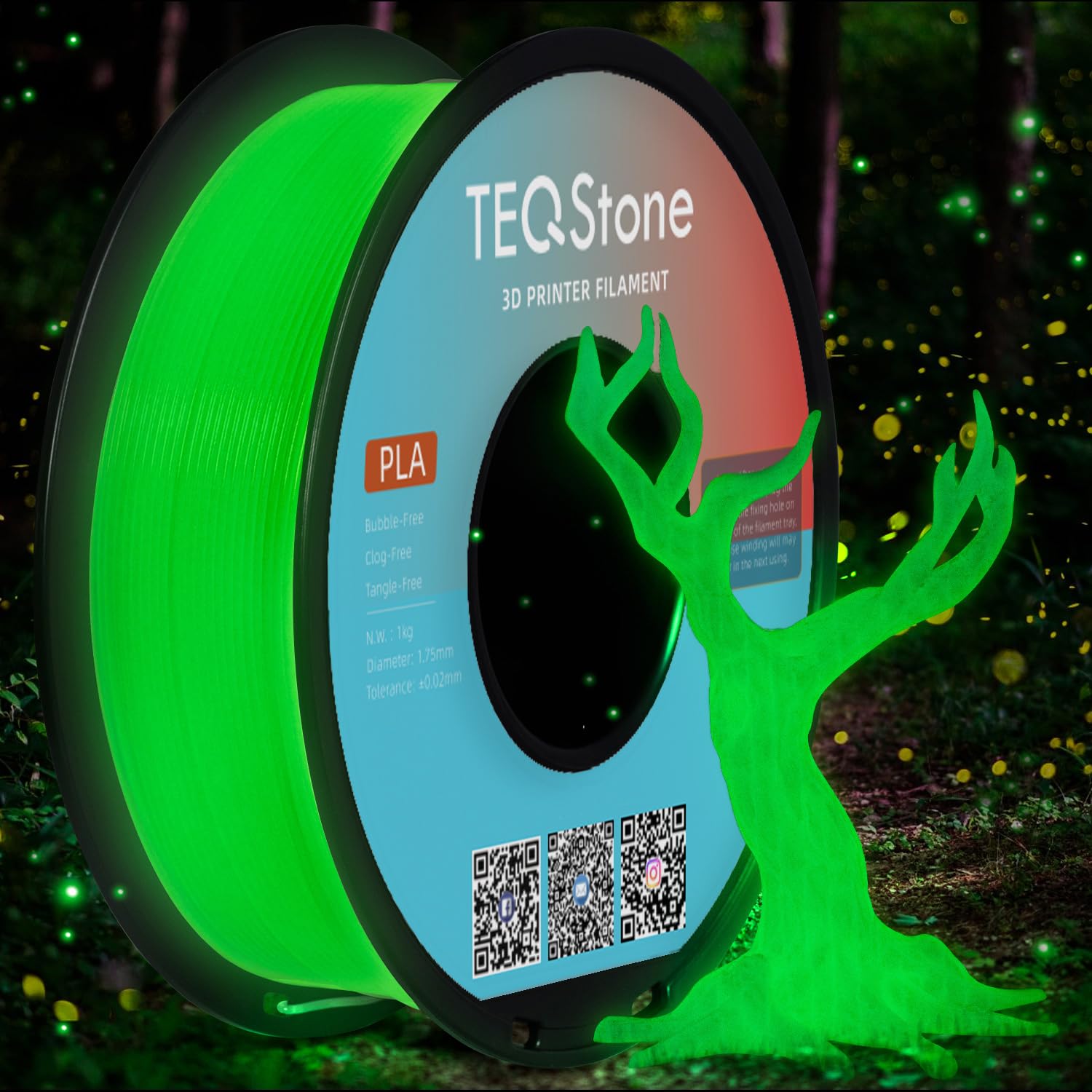 Glow in the Dark PLA Filament 1.75mm Green, Consistent Diameter +/- 0.03mm, Vacuum Packaging, Compatible with Various 3D Printers, 1KG Spool