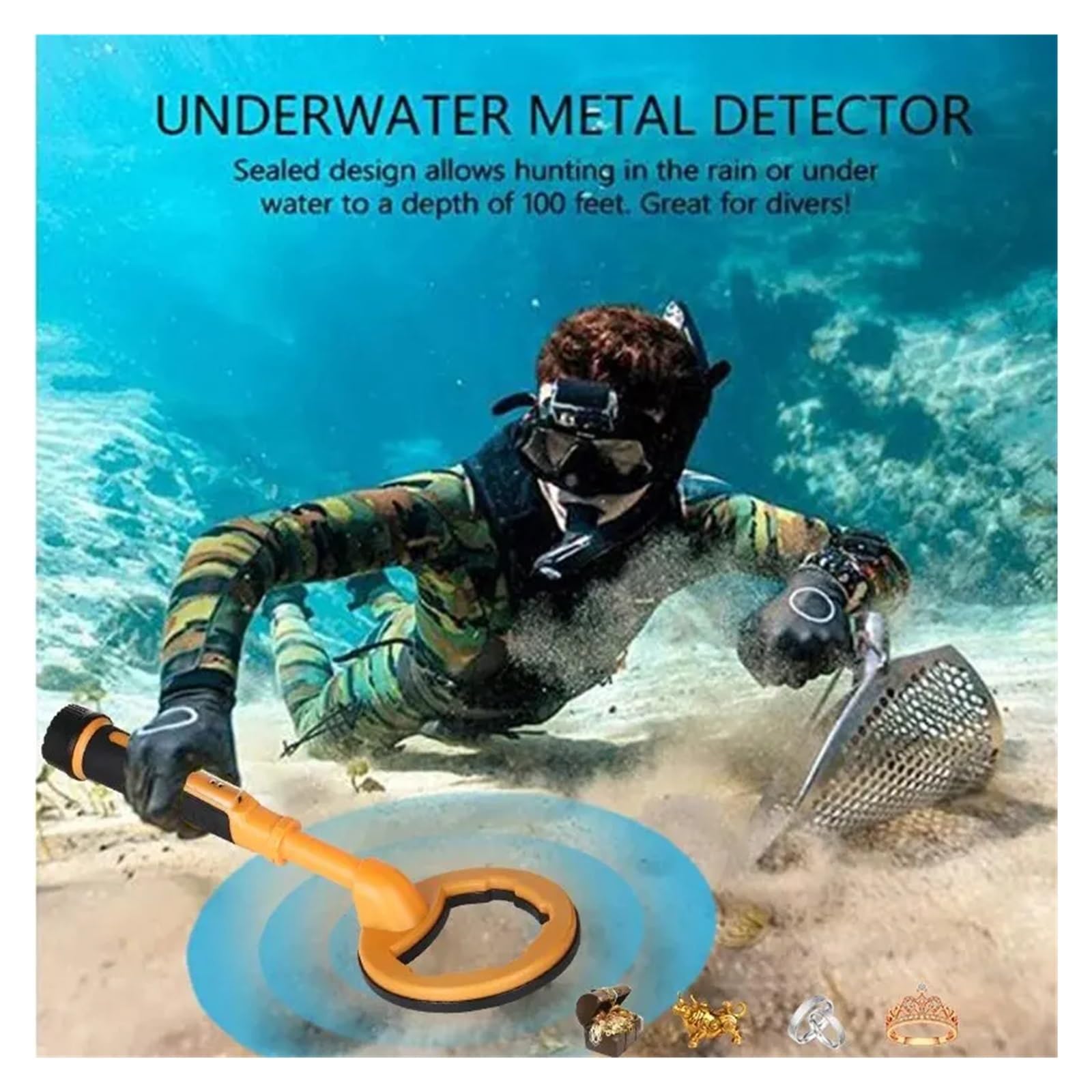 Tauch-Unterwasserdetektor, Metallsuchdetektor, 2-in-1-Schatzsuchmaschine, 30 M Runder Sonden-Pinpointer PräZise Ortung(Orange)