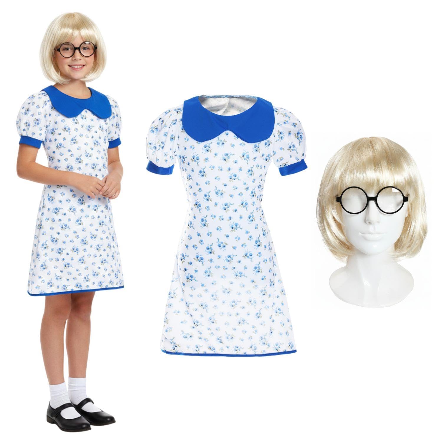 Girls Sweet Schoolteacher Costume Set – White and Blue Collared Dress with Short Blonde Bob Wig & Round Glasses – Classic Storybook Honey Inspired Kids Outfit for Book Week, World Book Day & Halloween