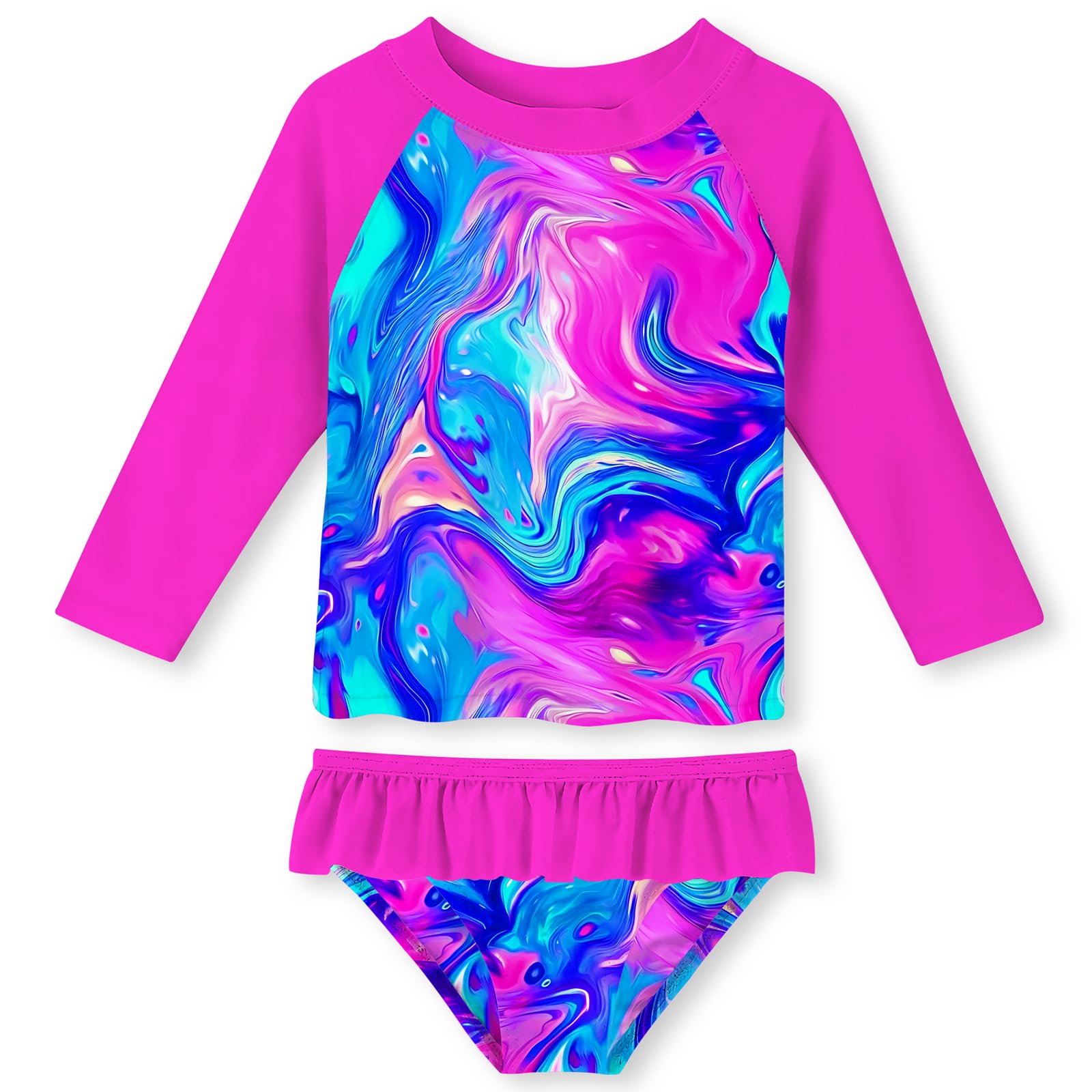UNIFACO Girls Swimsuit Two Piece Long Sleeve UPF 50+ Bathing Suit, 2-8T