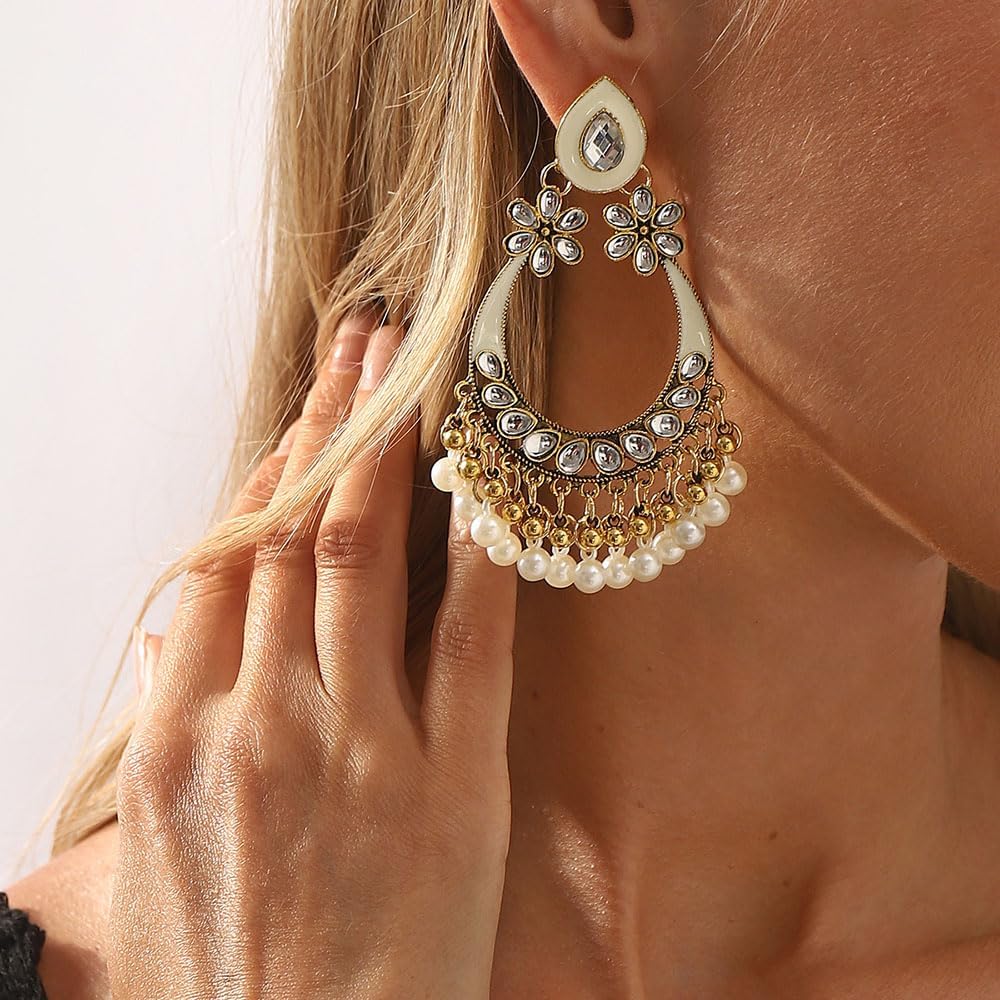 Missgrace Boho Indian Dainty Rhinestone Dangle Teardrop Faux Pearls Earrings for Women Vintage Retro Chandelier Earrings Beaded Crystal Jhumka Jhumki Tassel Studs Traditional Gold-Plated Earrings for Women - Image 2
