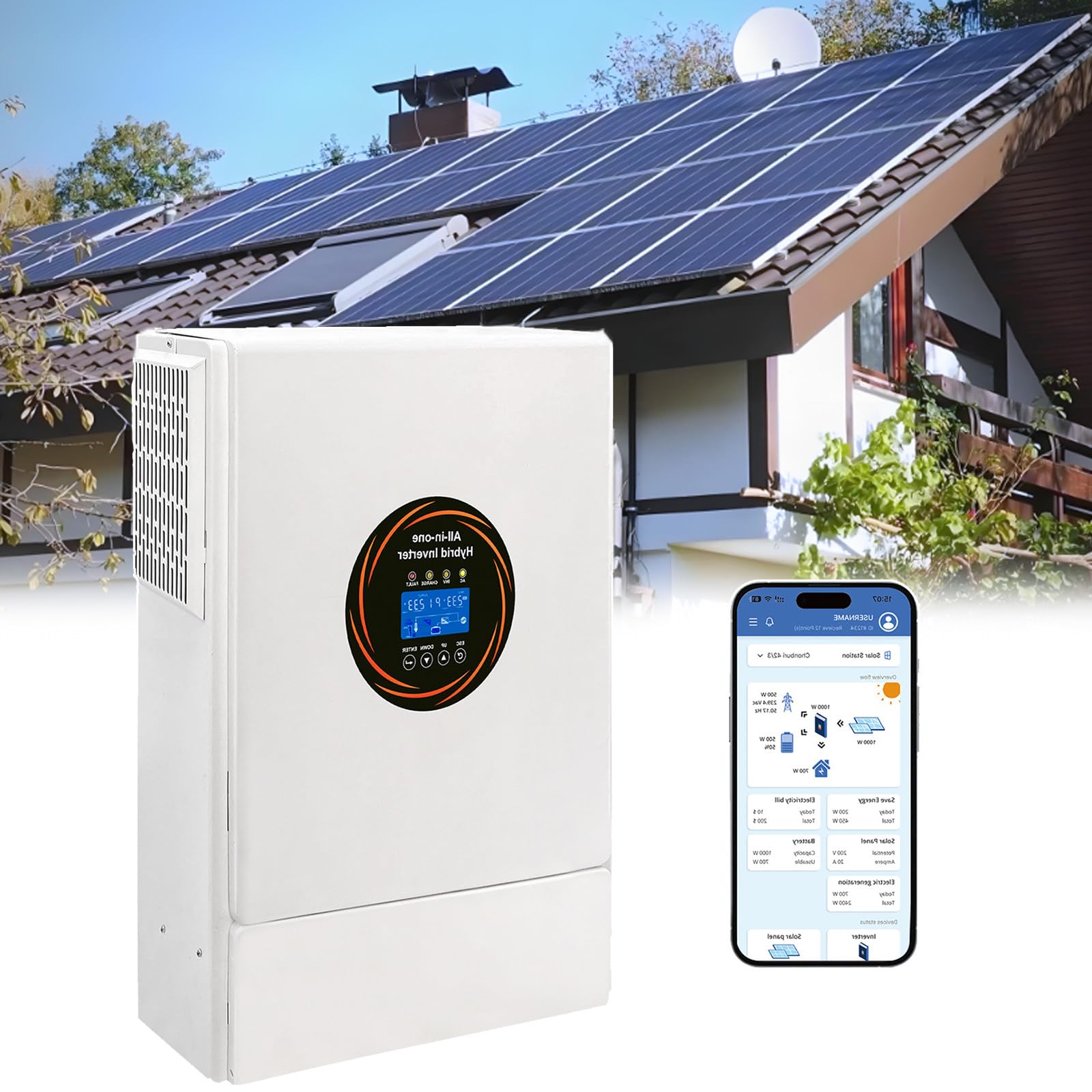 Onduleur Hybride Solaire 5500W/48 V | Onduleur Hybride Avec Contrôleur Mppt 120 A Intégré , Onde Sinusoïdale Pure, Adapté Aux Batteries De Secours Domestiques Et Aux Systèmes Solaires Hors Réseau
