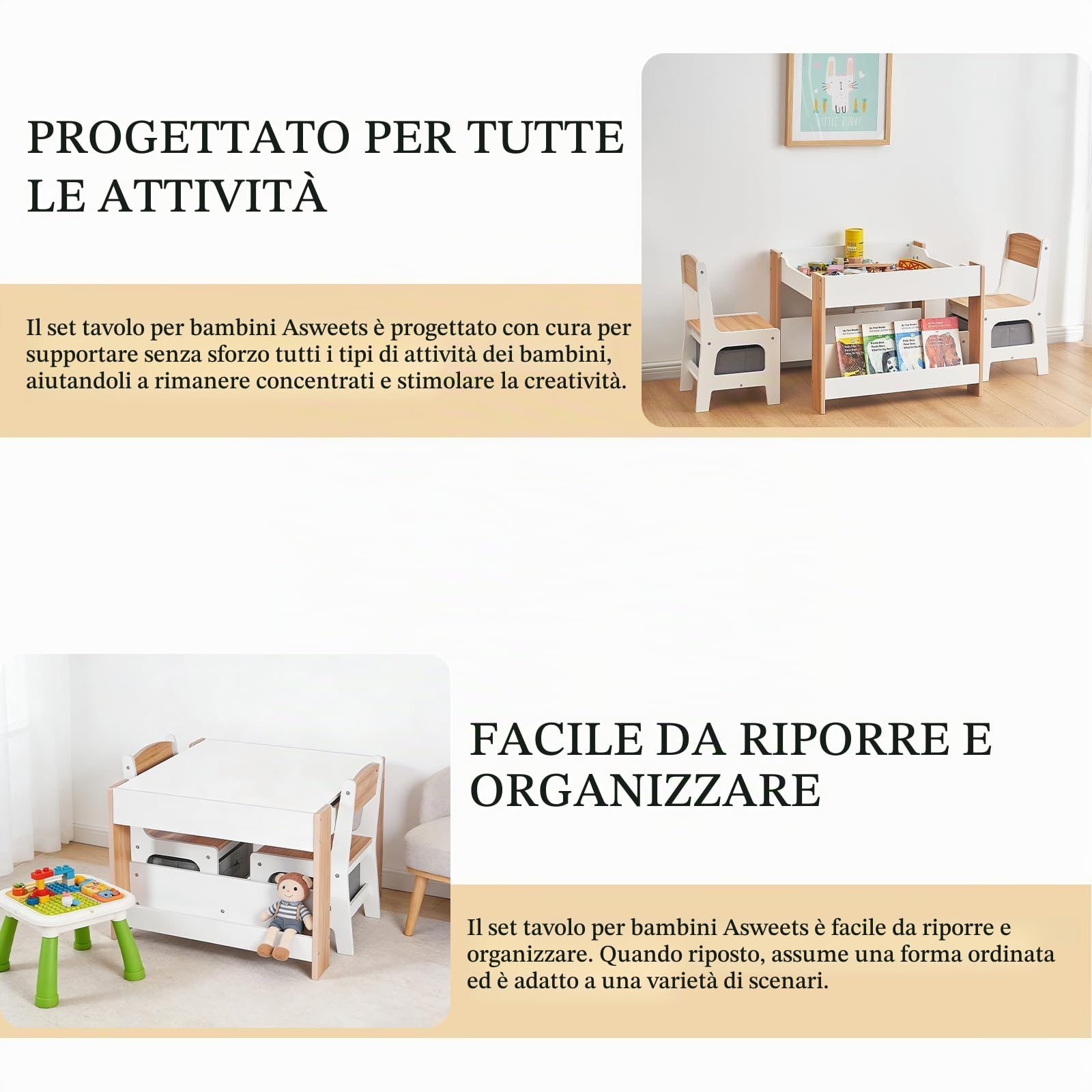 Asweets Tavolino Legno Bambini con 2 Sedie, Set di Tavolo Multiattivita Bambini con Lavagna e Vano Portaoggetti e Scaffalature, Tavolo Interattivo da Disegno, Costruzioni, Studio per Bimbi 3-6 Enni