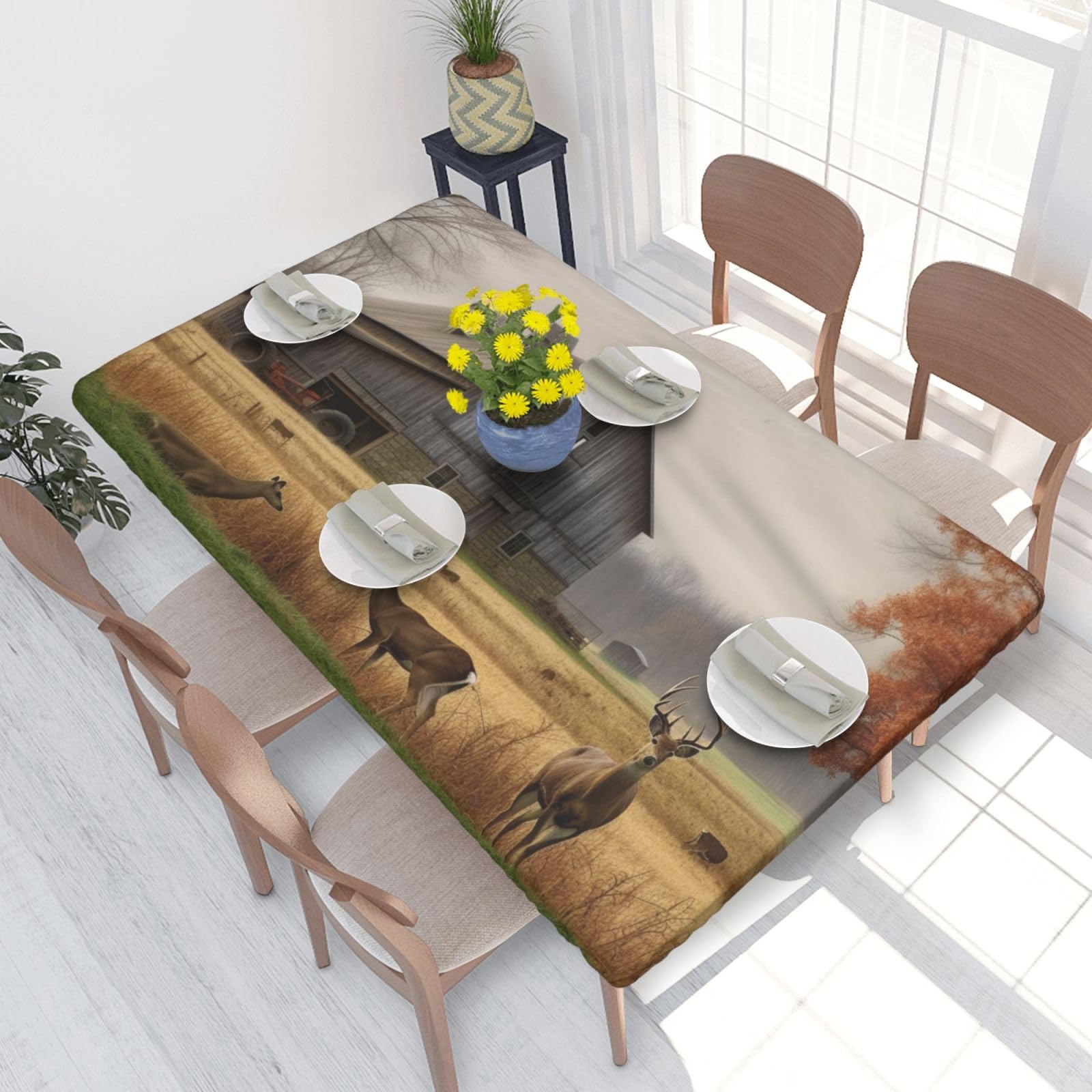 DCARSETCV Farm with deer Printed 4FT Waterproof Tablecloth with Elastic Edged Protect & Decor Your Table, Oil-proof Washable Table Cloth Cover for Dinner Picnic Party