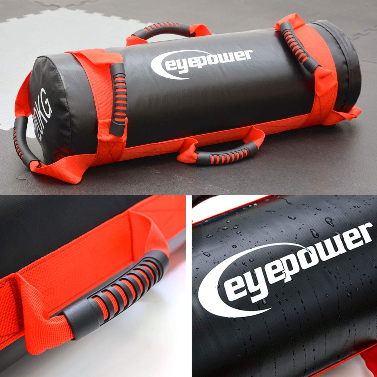 EYEPOWER 20kg Power Bag + 4 Kettlebell Gewichte - Befüllt mit Eisensand - Besser als Geräte: 6 Griffe Fitness Sandbag für Zuhause - 20x60cm Gewichtssack für Home Training - Bauch- und Rückentrainer