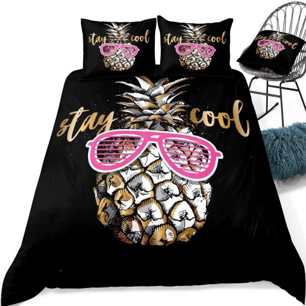 Loussiesd Gold Pineapple Bedding Double Funny Cute Pineapple With Glasses Duvet Cover Tropical Fruit Digital Print Bedding Comforter Cover for Teens Boys Girls 3-Piece Quilt Cover Black Gold Boys