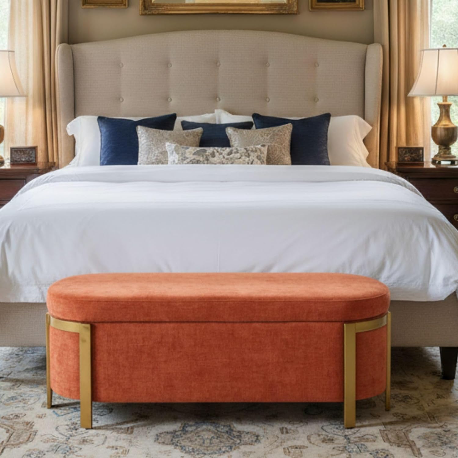 48" Burnt Orange Storage Ottoman Bench with Gold Legs, 4ft Oval Long Modern Upholstered Bedroom Stool with Padded Seat, Long Oval Settee for Living Room, End of Bed, Couch, Entryway, Hallway