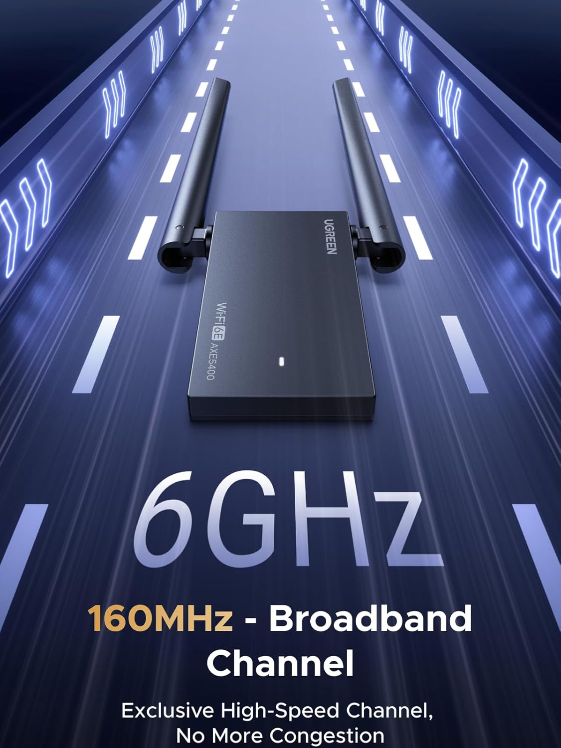 UGREEN USB AXE5400 WiFi 6E Adapter highlighting 6GHz 160MHz broadband channel
