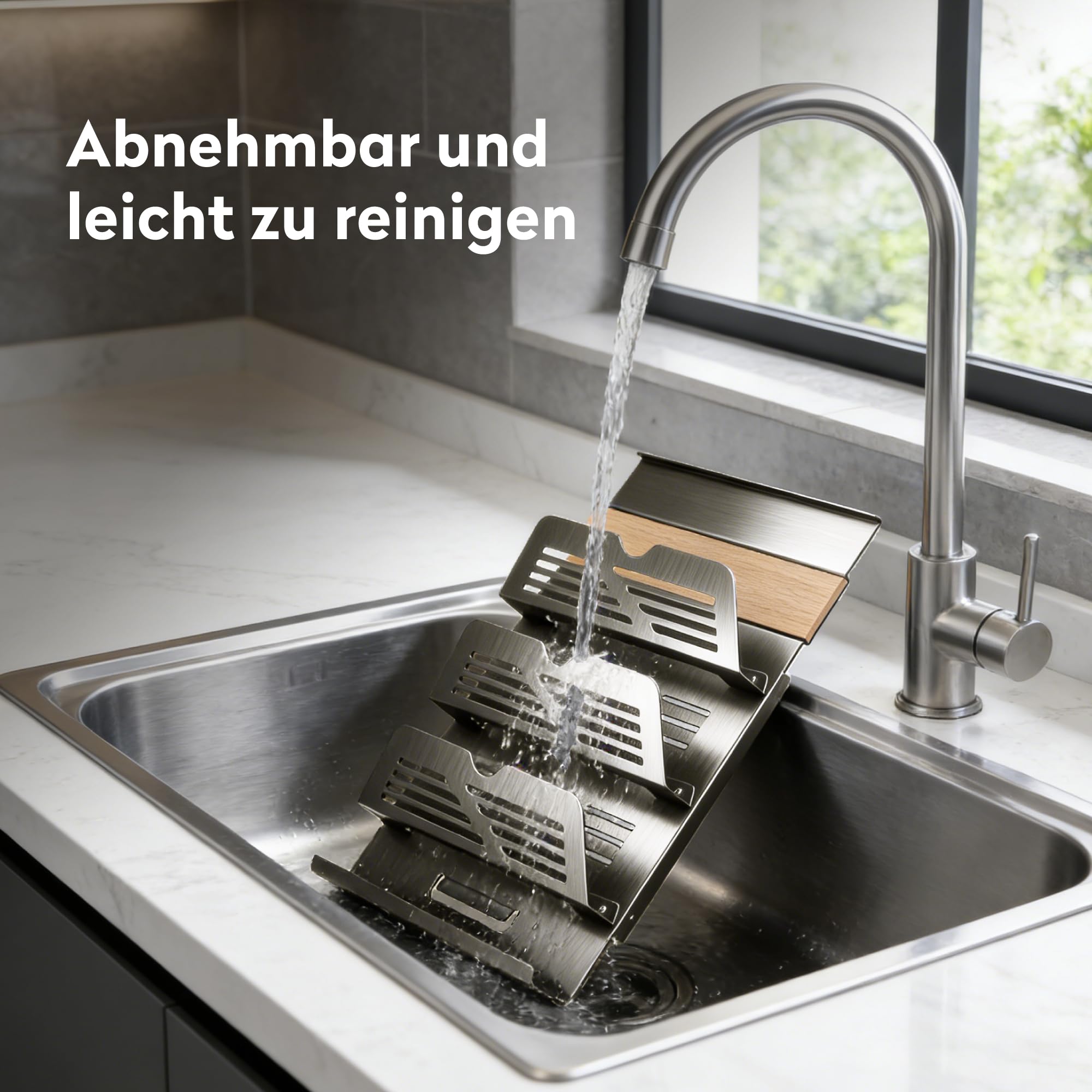 doporro Küchen-Organizer 52cm mit Topfdeckelhalter und 2 Besteckhalter | Hakenleiste Küche 52 cm aus Metall, mit 3 Ebenen Deckelhalter und 5 Haken, Küchen Wandregal Schrauben oder Kleben, Grau Reglo