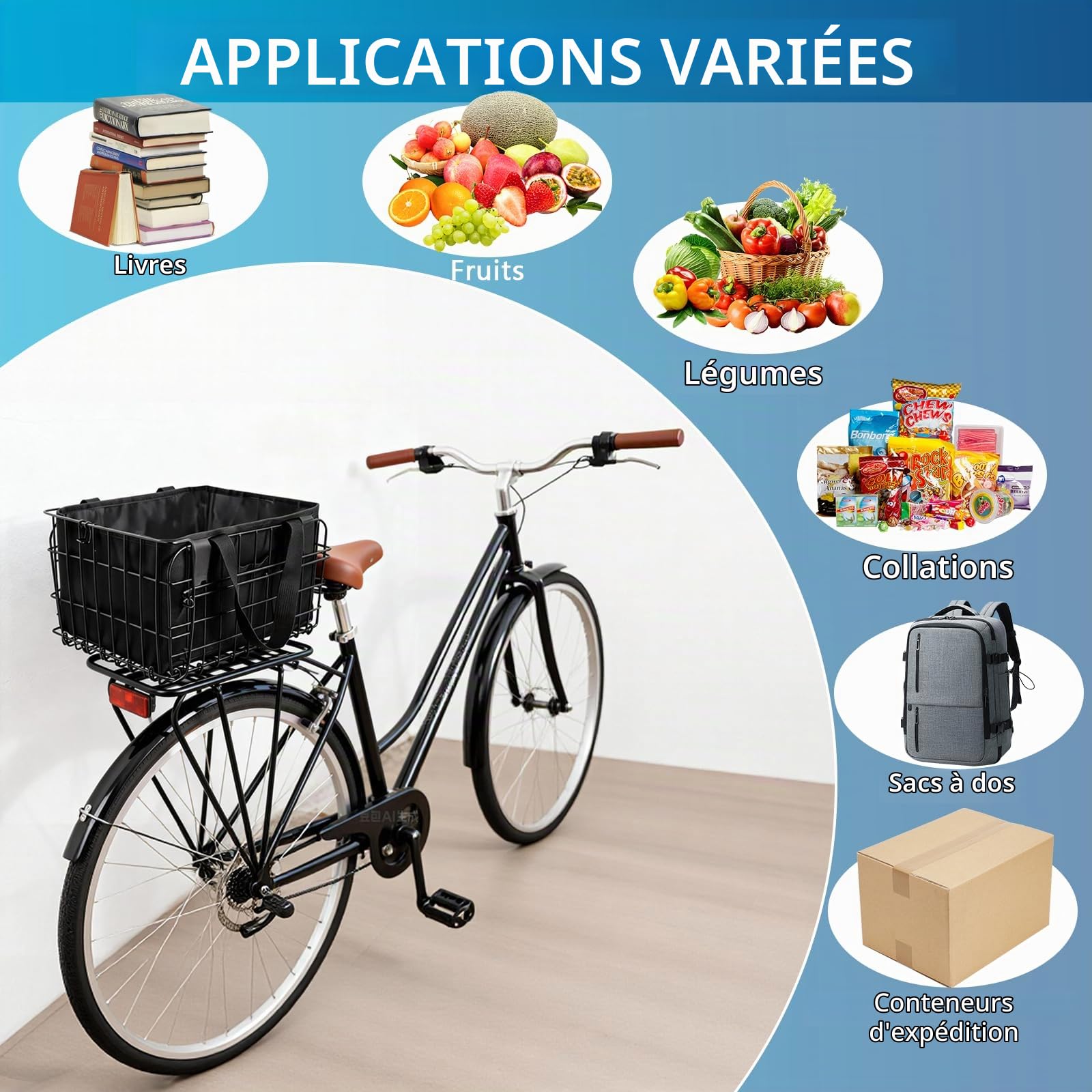 BRGD Panier de Vélo Pliable Arrière, Noir Panier Arrière en Métal avec Sac Intérieur en Nylon et Housse Imperméable pour Transport de Chiens, d'animaux de Compagnie, Fruits et de Nourriture