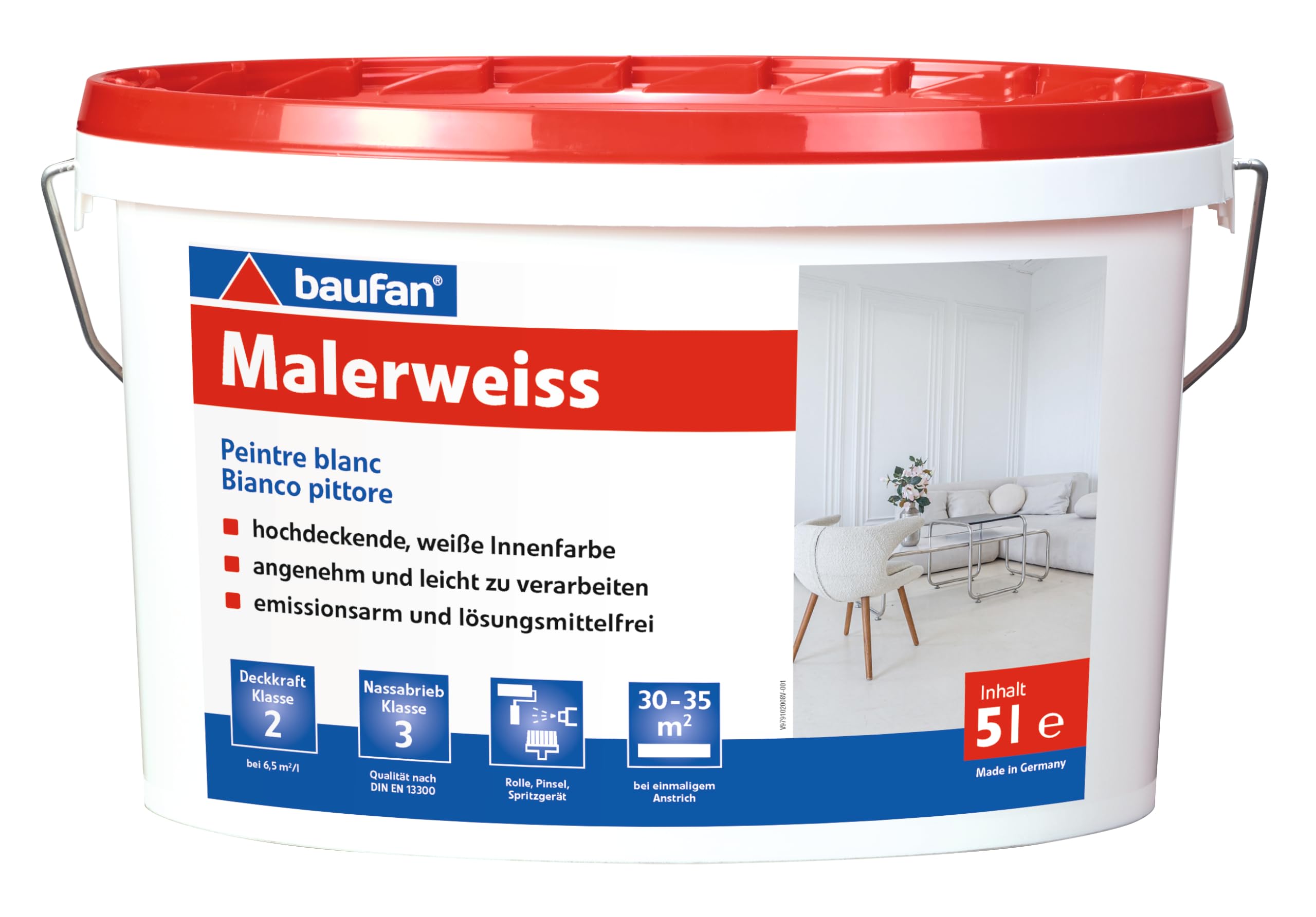 Baufan Blanc de Peintre 5 L | peinture intérieure | facile à appliquer | sans solvants | faibles émissions | lavable | teintable | emballage résistant à la casse