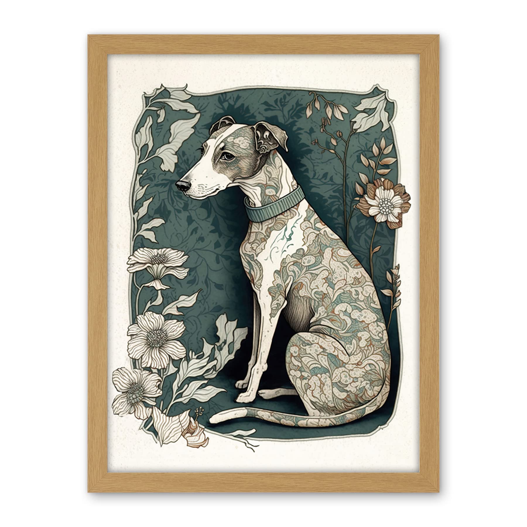 Artery8 Whippet Dog with Floral Pattern Fur Coat Art Nouveau Inspired Watercolour Illustration Artwork Framed Wall Art Print 18X24 Inch