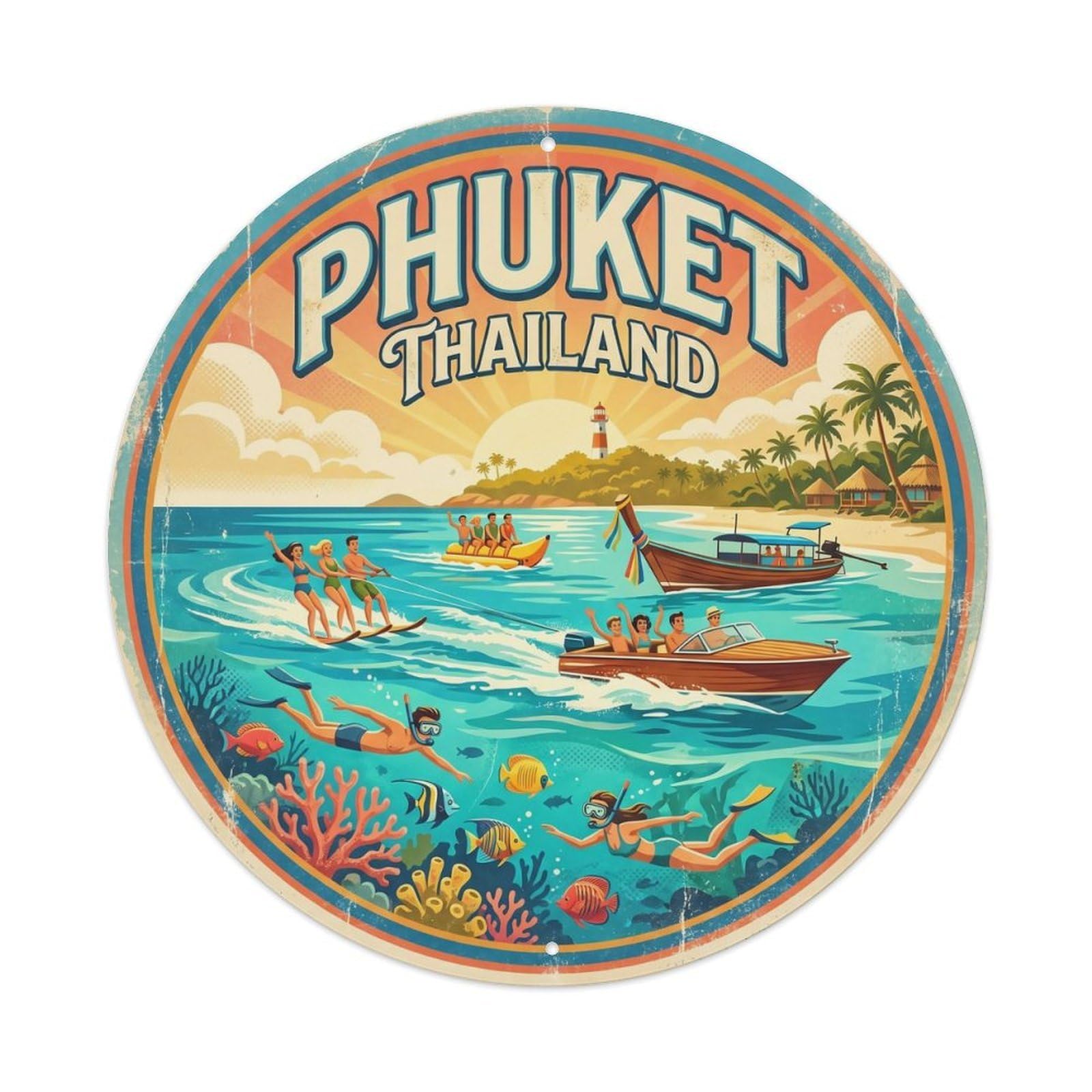 Odgynaw 8X8inch(20X20cm) Phuket Coral Island Beach Destination Tropical Shore Metal Tin Sign