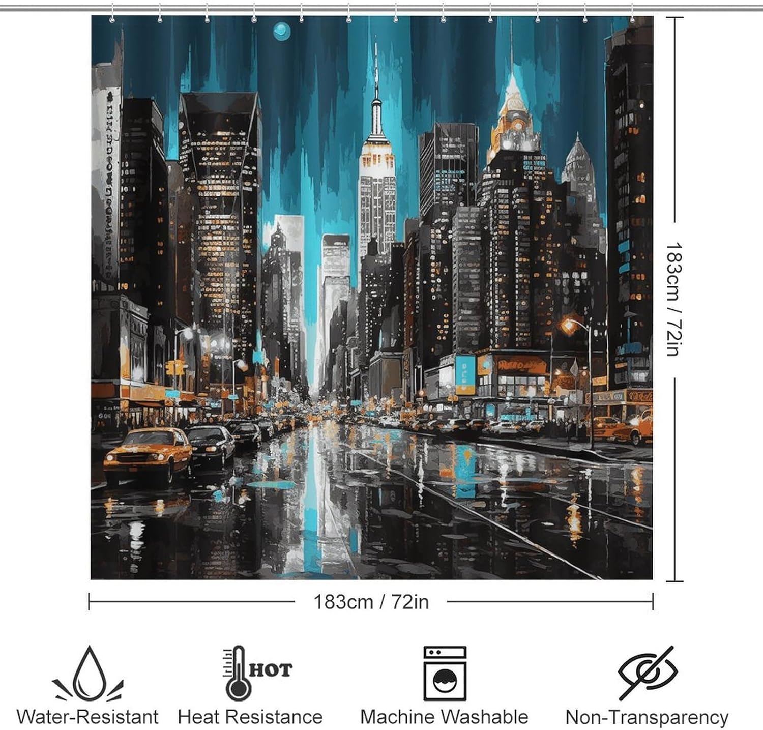 New York Paintings Shower Curtain Set 4 Piece, Non-Slip Bath Mat with Toilet Lid Cover and Waterproof Shower Curtain with 12 Hooks, Complete Bathroom Set for Home Decor