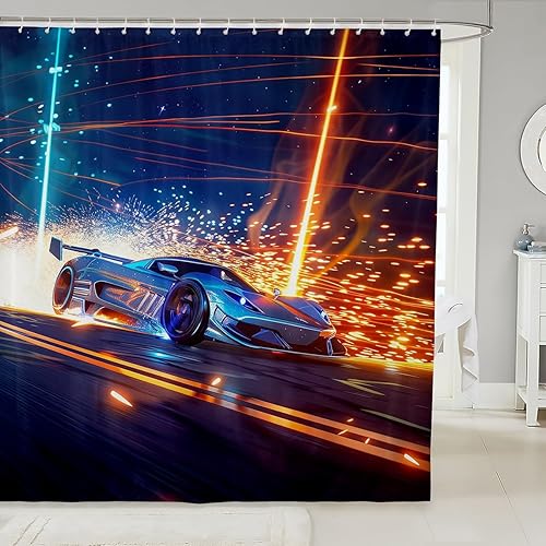 Erosebridal Cortina de ducha con automóvil deportivo para niños, Galaxy Aurora, cortina de ducha de automóvil de carreras, cortina de baño para