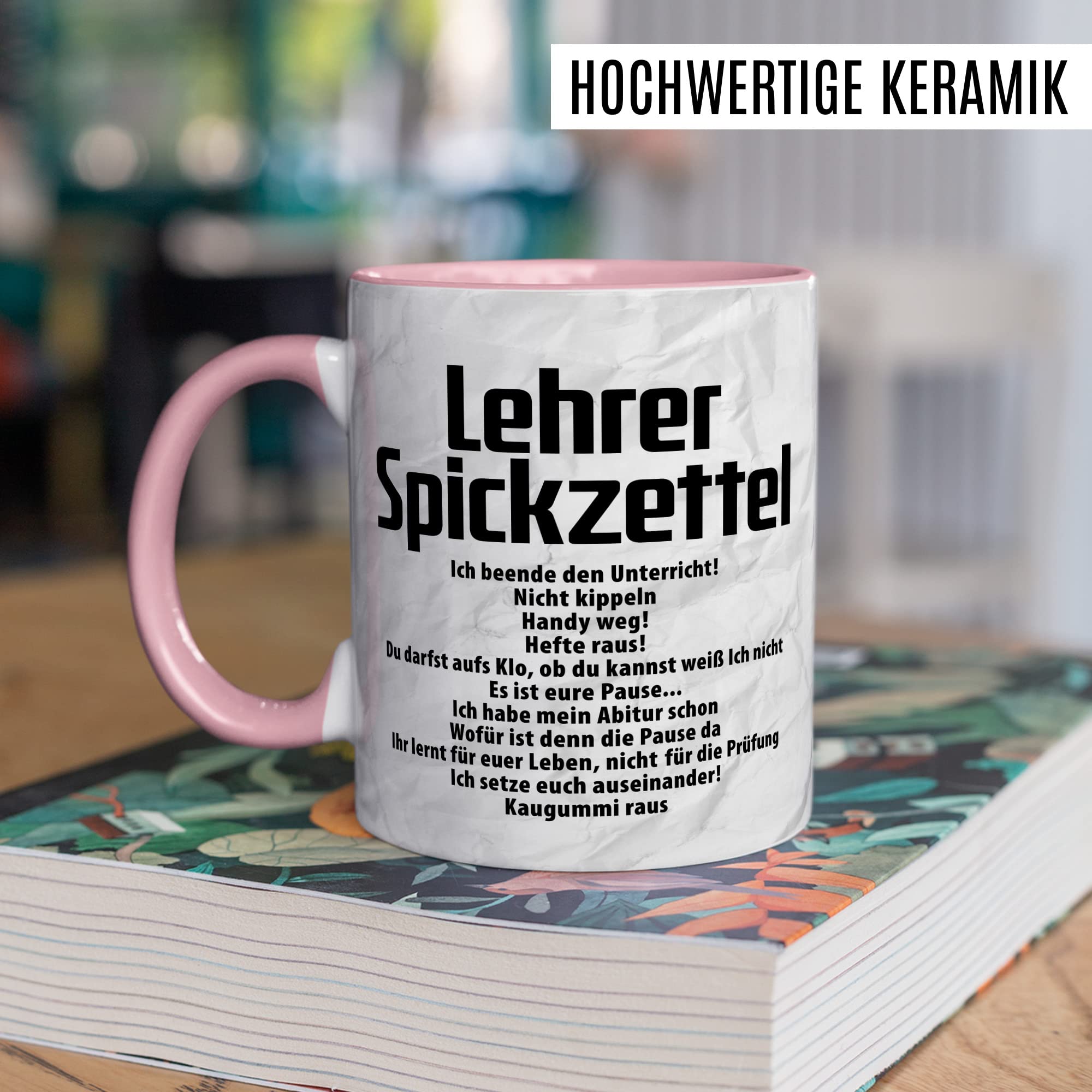 Lehrer Tasse, Lehrer Spickzettel, Geschenkidee lustig Lehrerin Lehrerin Beruf Spruch lustig Grundschule, Geschenk Kollegen Schule (Weiß/Pink)