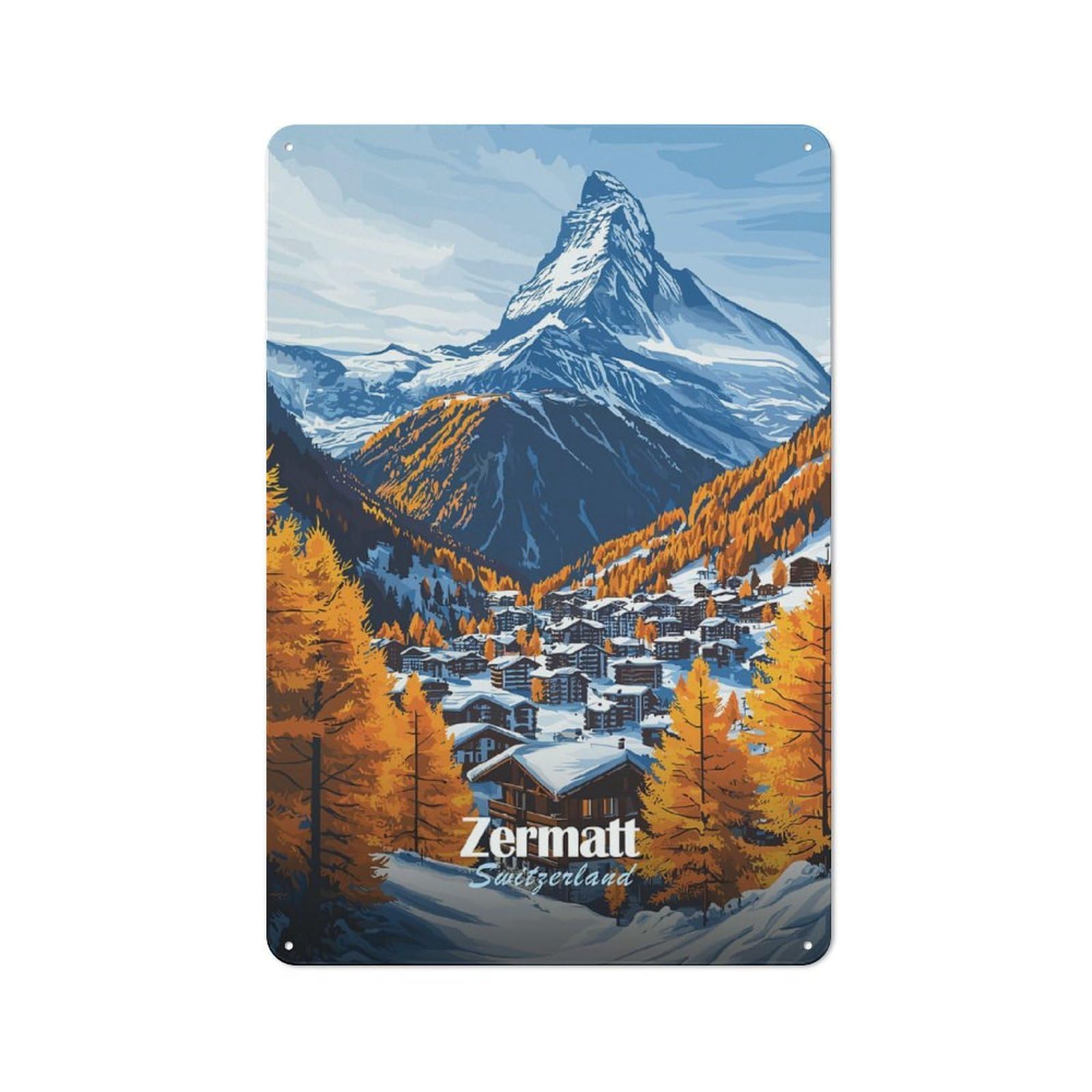 Junmoney Style-9 Tin Wall Sign With Zermatt Switzerland Mountain Village Design 30X20cm, Cosy Cafe Wall Decor For Kitchen, Cafe, Pantry Or Dining Room