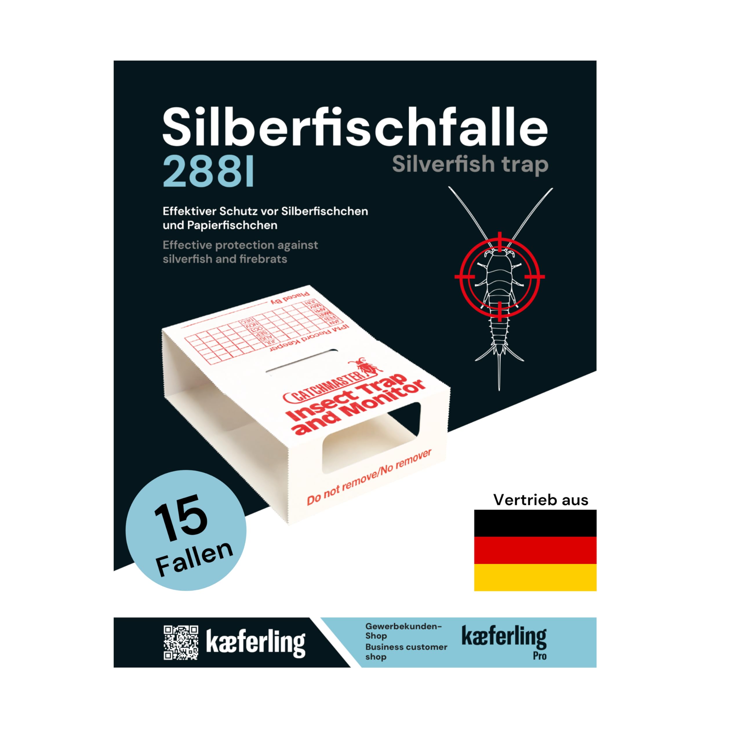 Catchmaster 288i 15x Monitoring-Klebefallen für Silberfische - 100% Giftfrei - Silberfischfalle mit Starkem Kleber - Für Haushalte mit Kindern & Haustieren zur Befallskontrolle - 5 Blätter à 3 Fallen