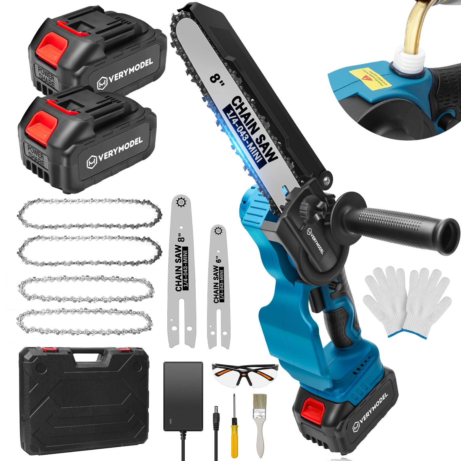 Mini Chainsaw, 8 inch & 6 inch Electric Chainsaw Cordless, Upgraded Mini Chain Saw Battery Powered 2PCS 21V 4000mAh, Auto Oiler Hand Chainsaw for Trees Branches Trimming (Blue)
