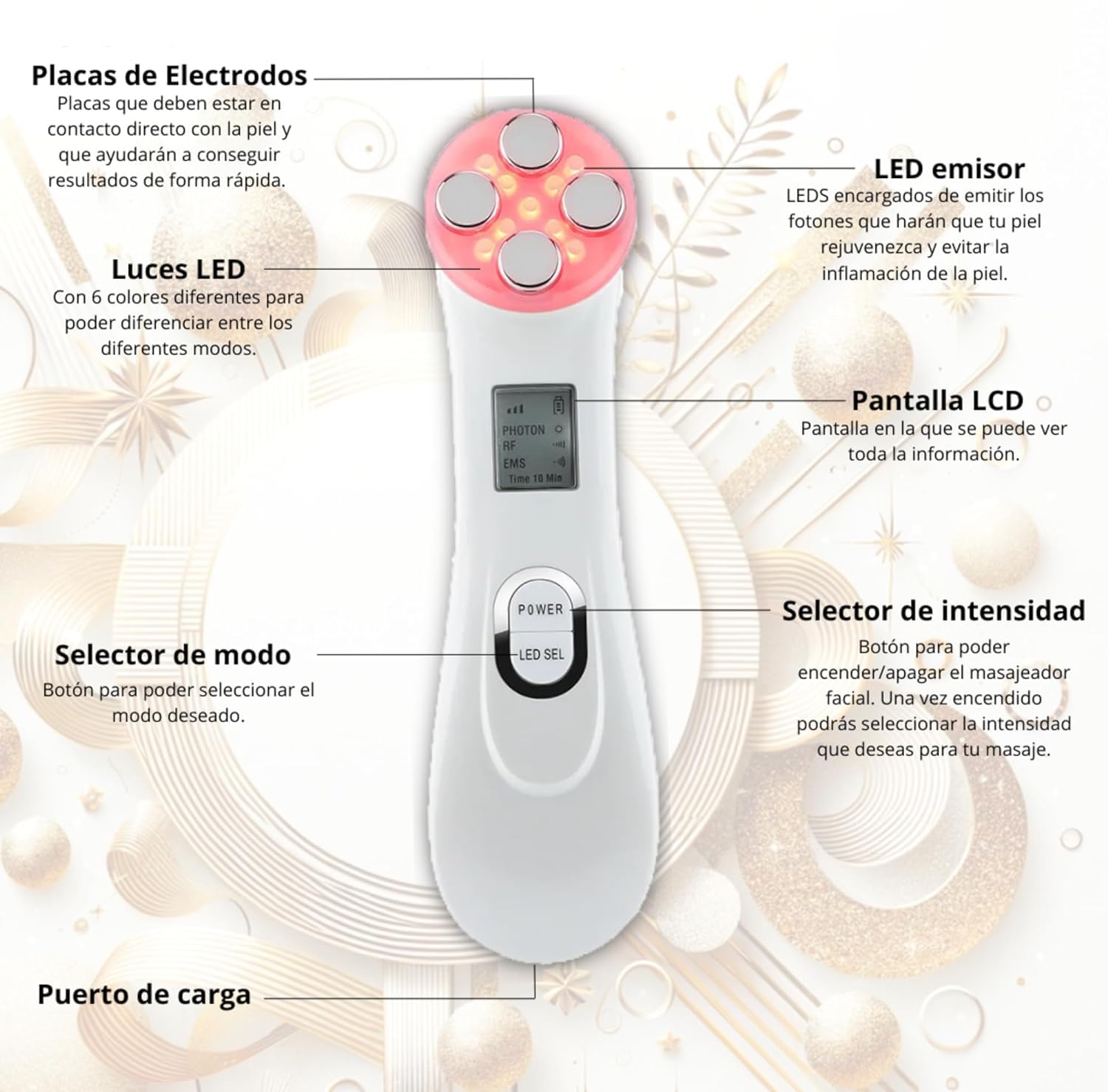 Stock - Massaggiatore per il viso, radiofrequenza, 5 in 1 Rf LED, dispositivo viso ad ultrasuoni, ringiovanimento, pulizia profonda, cura del viso, massaggio per viso