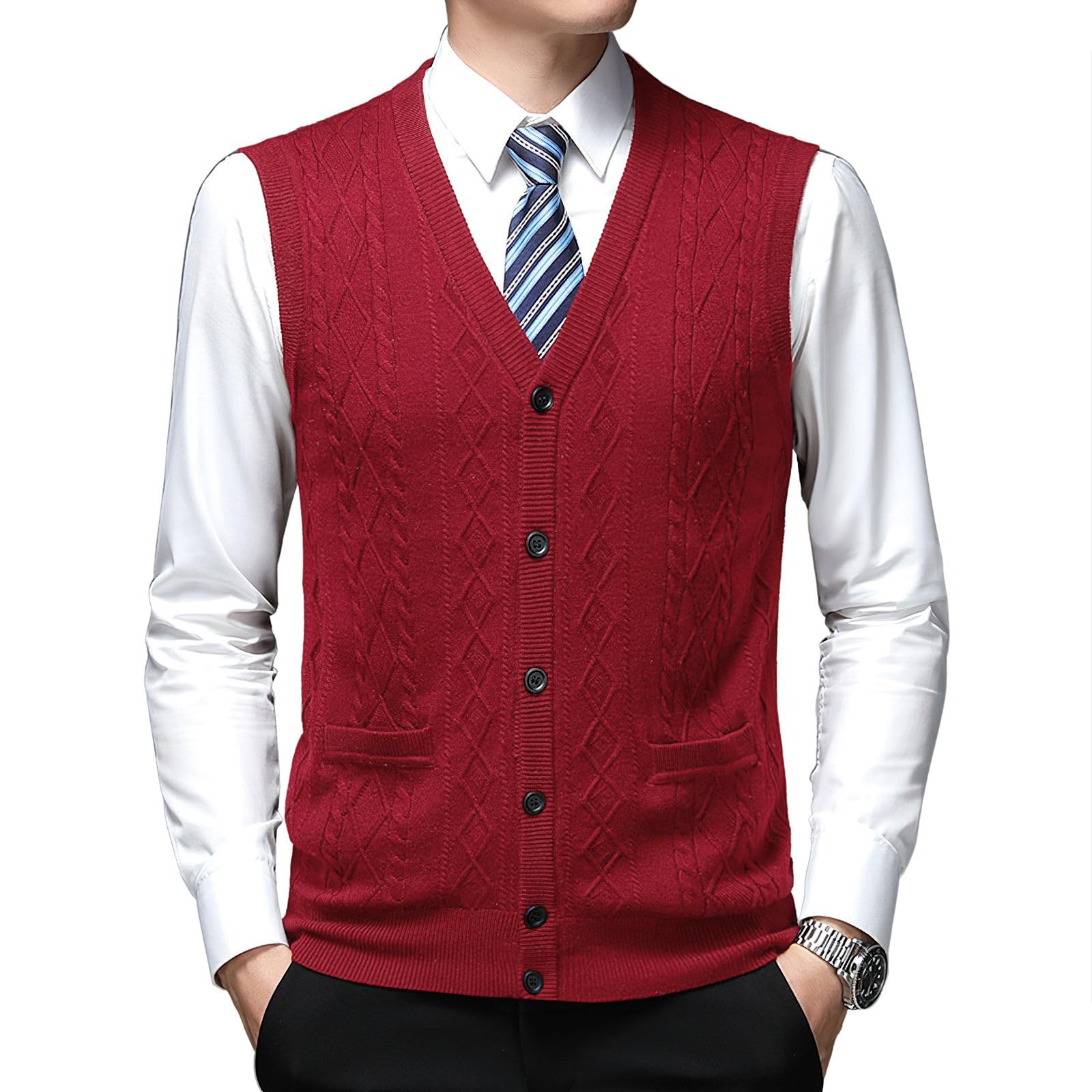 Gilet classique en laine mélangée à col en V pour homme sans manches avec poche et boutons sur le devant