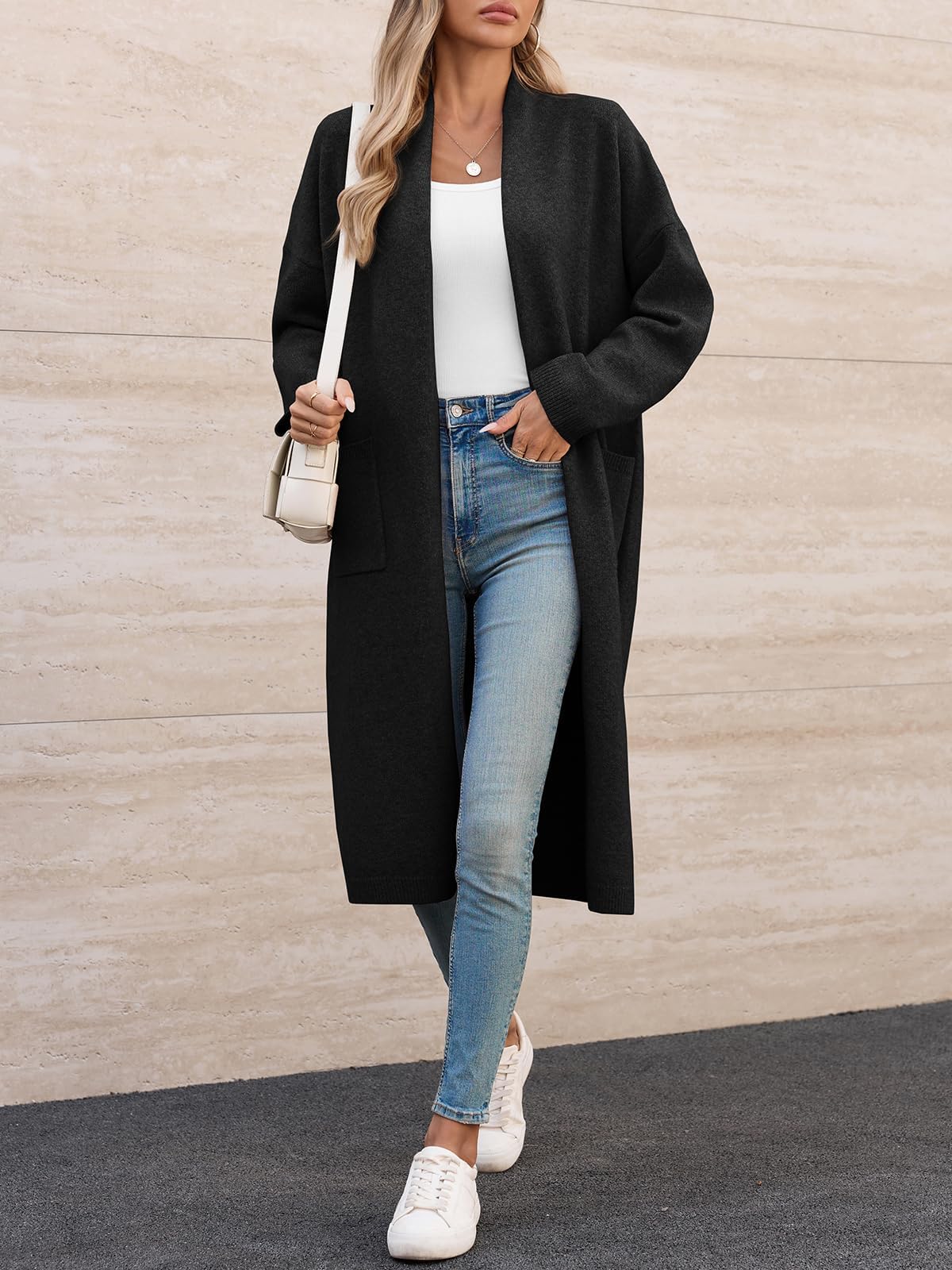 Fisoew Chaqueta de punto para mujer, cárdigan largo, de manga larga, oversized de punto, con bolsillos frontales abiertos.