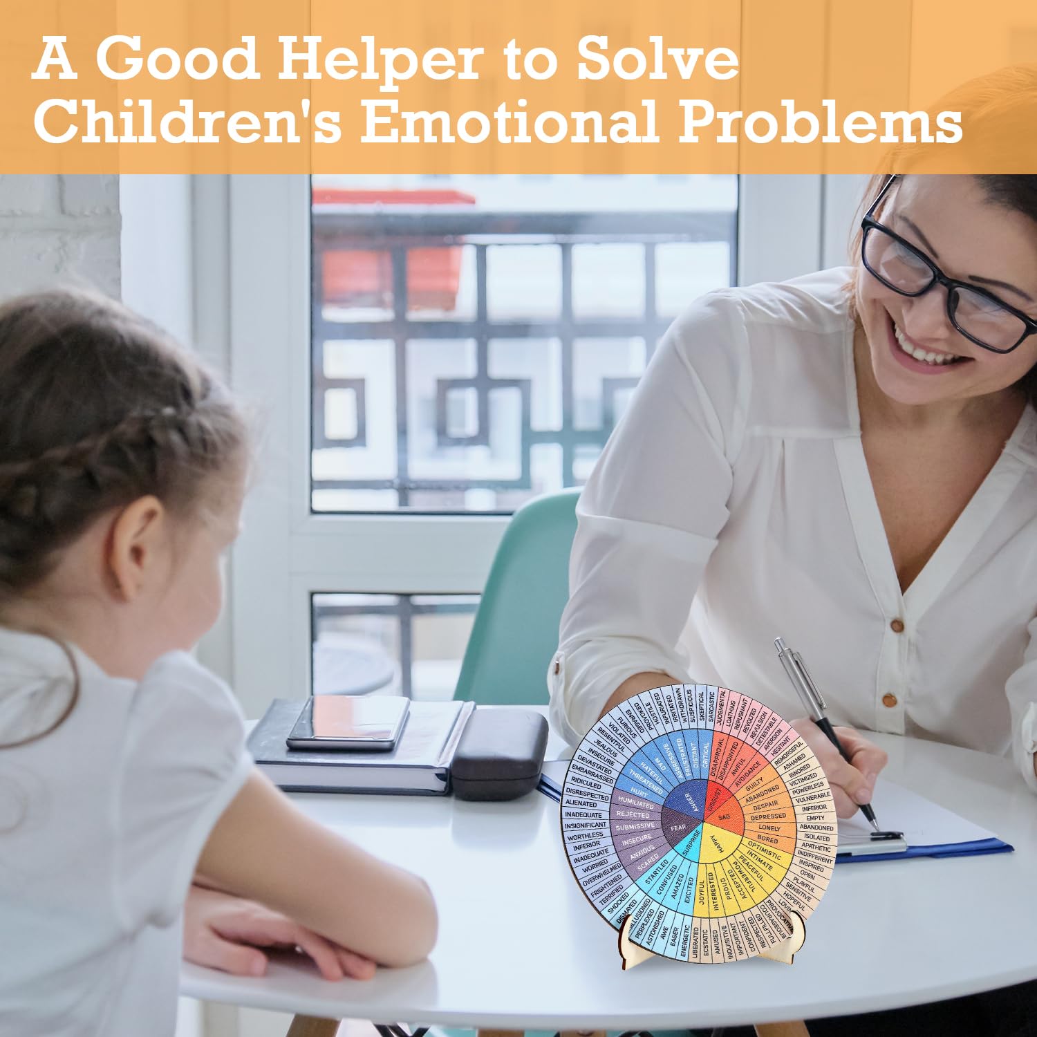 Rueda de Sentimientos de Doble Cara con Soporte | Rueda de Emociones de Madera para Terapeutas y Profesores | Tabla de Sentimientos de Salud Mental para Decoración de Oficinas en Casa