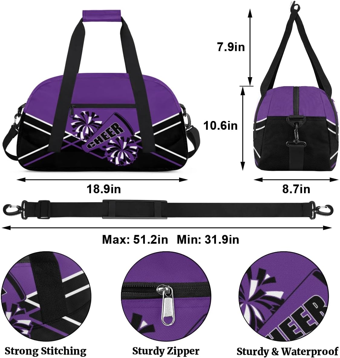Cheer Kid Duffel Bag Collapsible Sports Gym Bags Travel Weekender Overnight Bag for Girls Boys Personalized Gymnastics Sleepover Bag Purple Black - Image 6