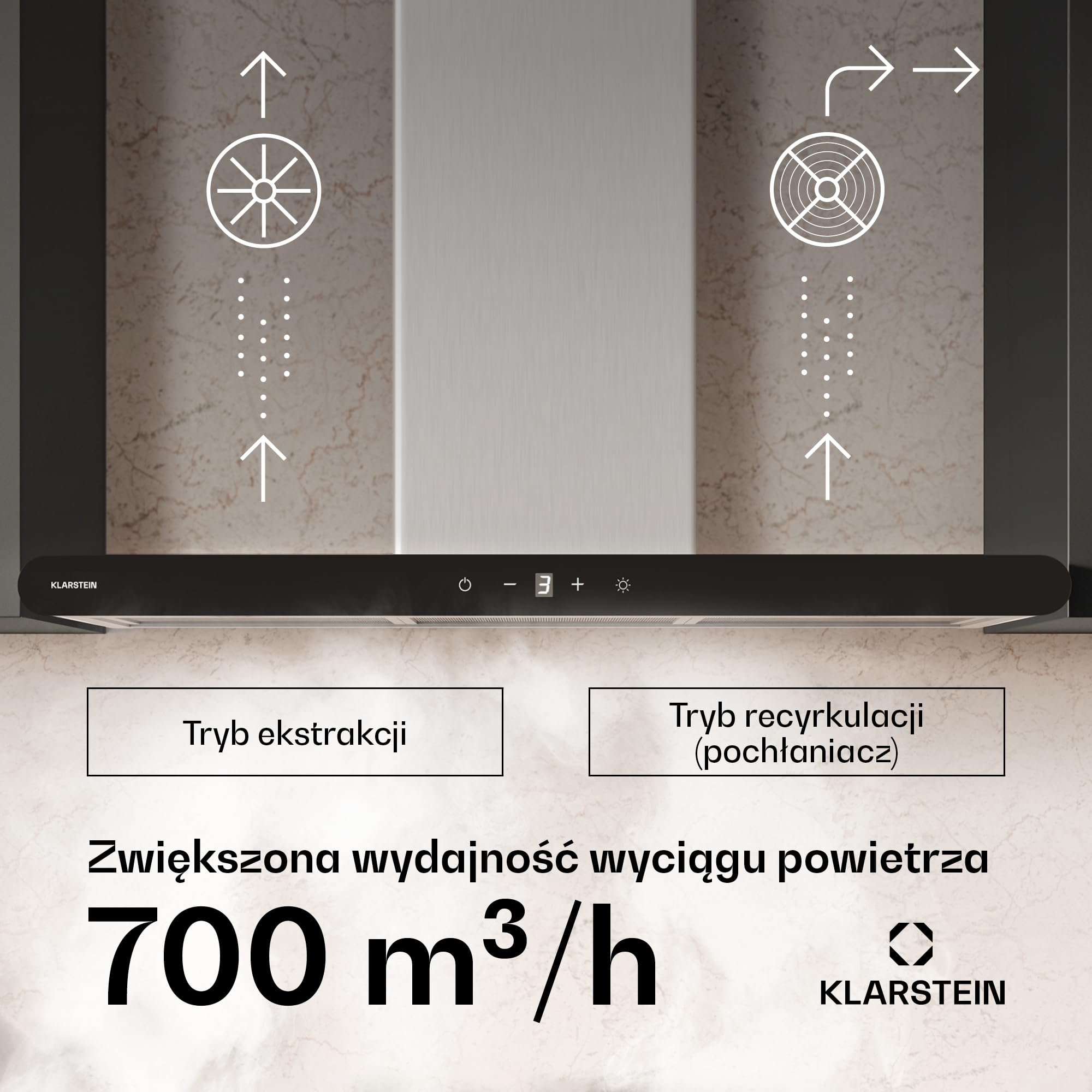 Klarstein CurveVent okap kuchenny – 90 cm, strumień powietrza 700 m³/h, energooszczędność A+, obsługa dotykowa, oświetlenie LED, 56 dB, czarny, filtr powietrza wylotowego i węglowego