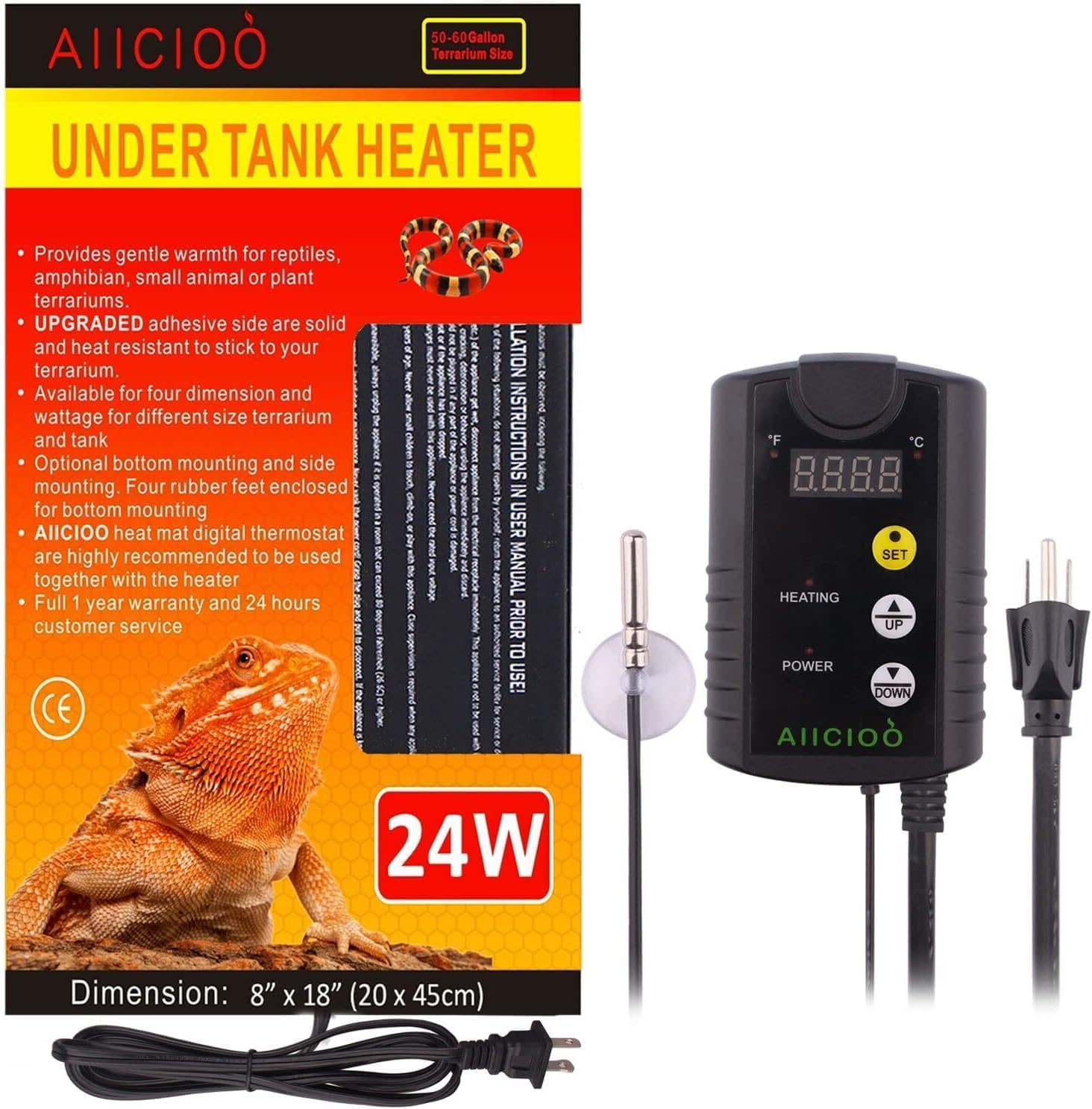 Aiicioo Under Tank Heater Thermostat – Reptile Heating Pad with Temperature Control Reptile Heat Mat for Combo Set for Hermit Crab Lizard Terrarium 24W
