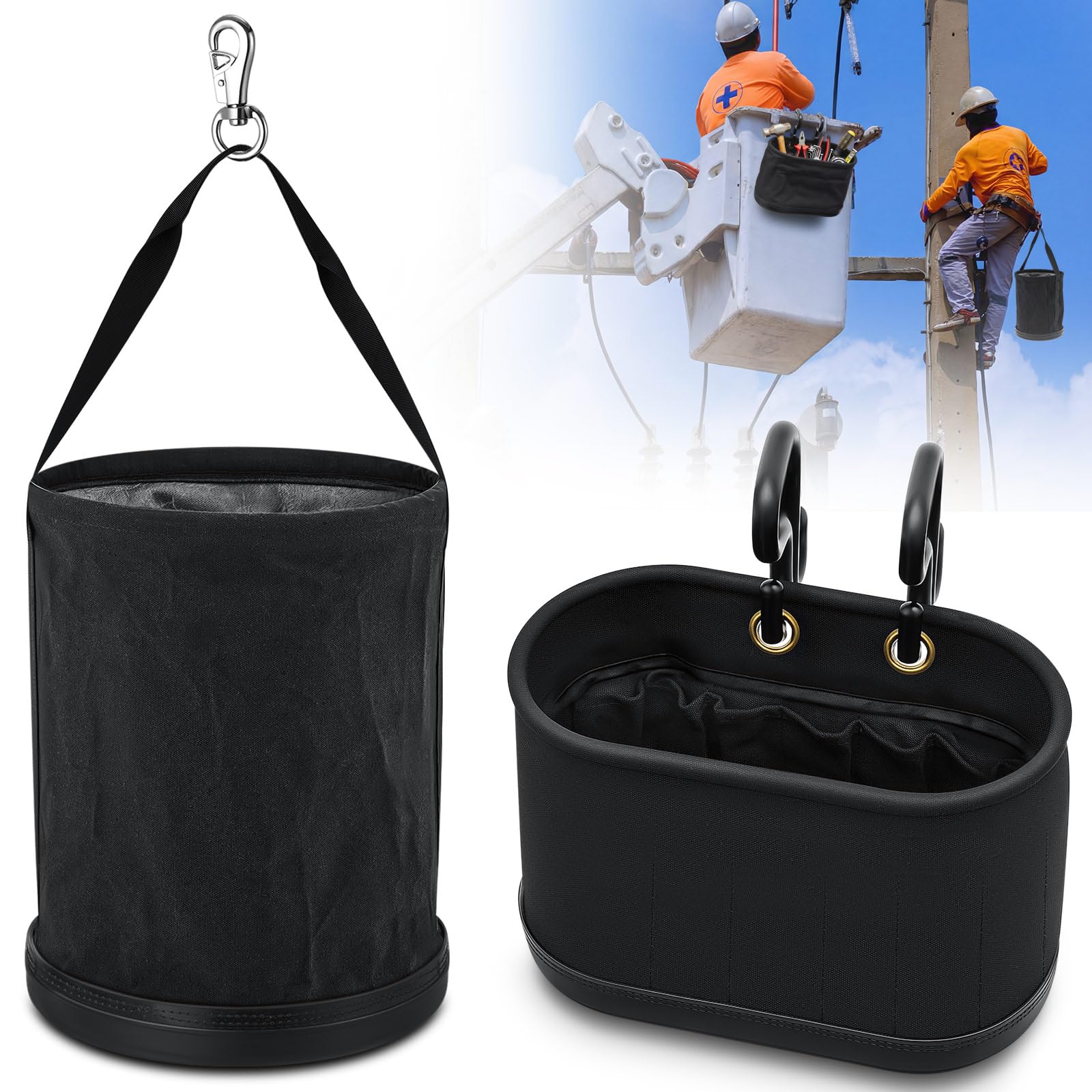 SilTriangle 2 Pack Canvas Bucket & Oval Tool Bag, Black | Truck Tool Organizers with Rein…