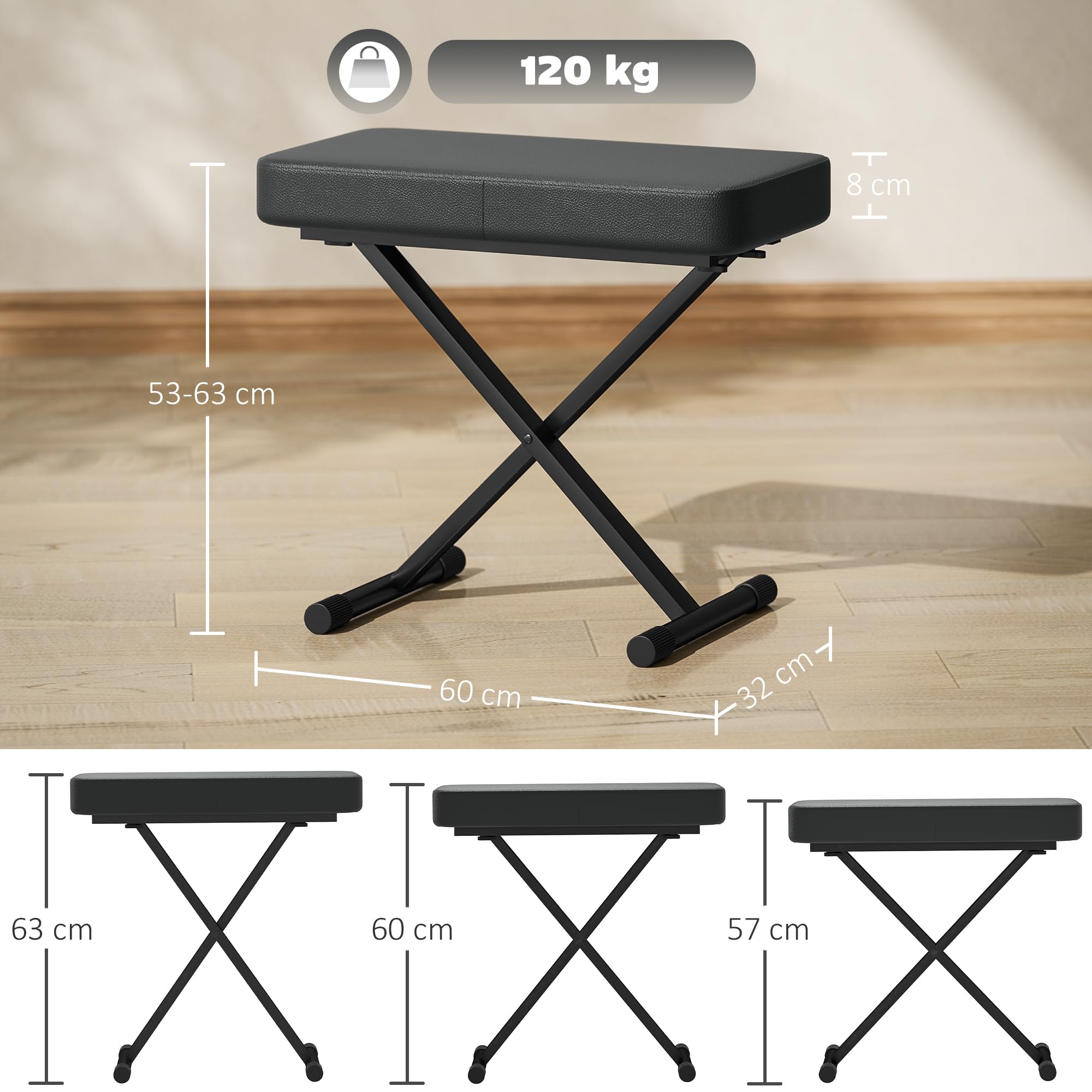 HOMCOM Sgabello per Pianoforte Pieghevole e Regolabile su 4 Altezze con Struttura a X, Panca Pianoforte in Pelle PU e Metallo con Piedini Antiscivolo, 60x32x53-63 cm, Nero